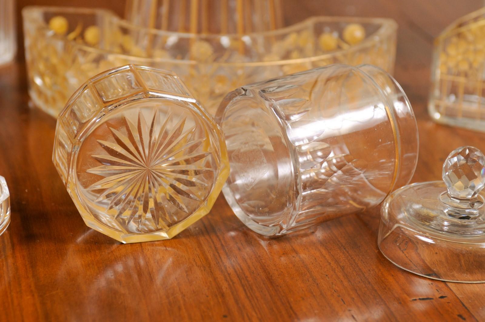 Ten English Victorian 19th Century Glass Toiletry Accessories with Gold Trim In Good Condition In Atlanta, GA