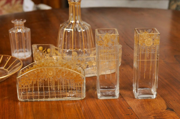 Ten English Victorian 19th Century Glass Toiletry Accessories with Gold Trim For Sale 2