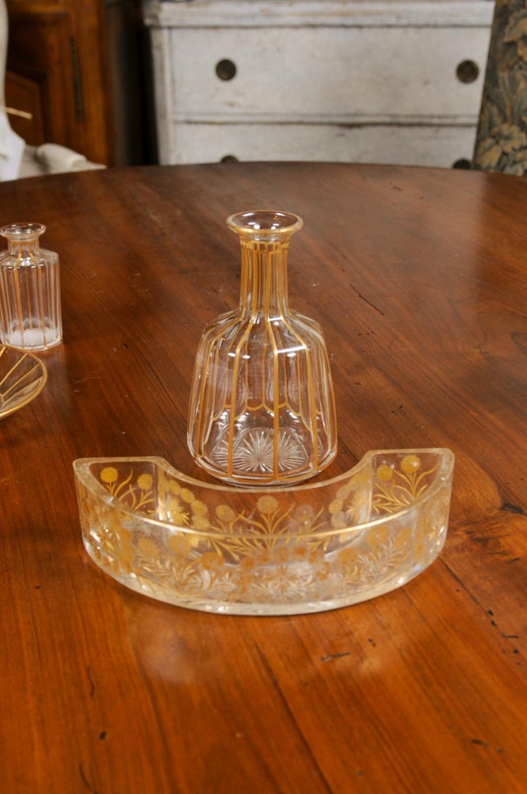 Ten English Victorian 19th Century Glass Toiletry Accessories with Gold Trim For Sale 4