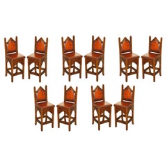TEN FINE RESTORED BROWN LEATHER GOTHIC REVIVAL STEEPLE BACK KITCHEN BAR STOOLs