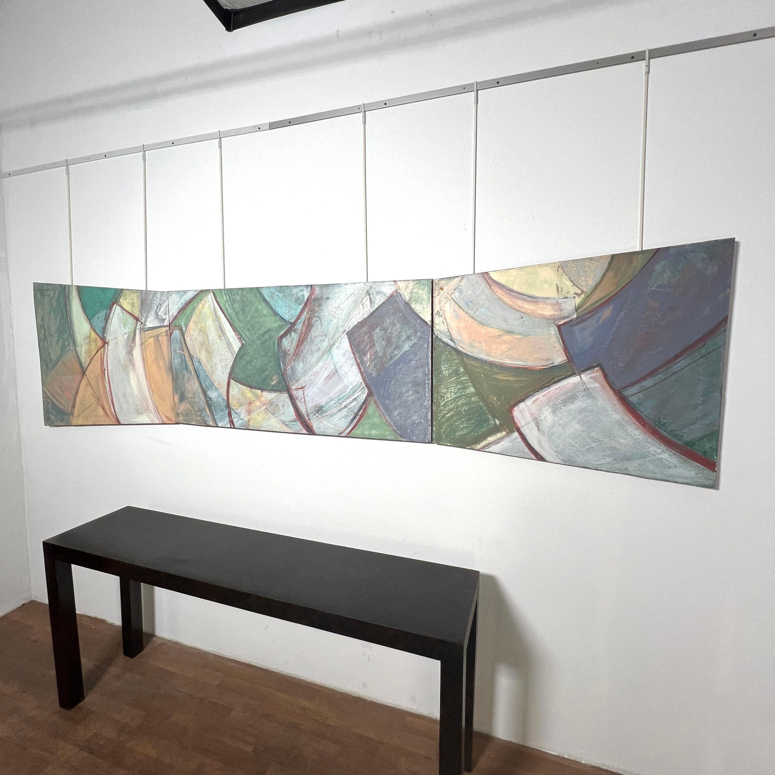 Ten foot wide abstract triptych by New Hampshire artist Donna Baker-Hartwell, titled “View of Mt. Katahdin from Chimney Pond”, dated 1987.

The two end paintings are shaped canvases -- trapezoidal -- measuring 36