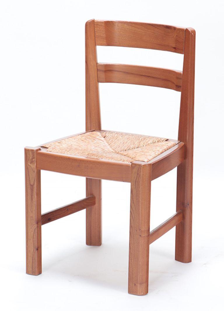 Ten French cherry rush seat dining chairs circa 1960 having shaped backs and legs.
