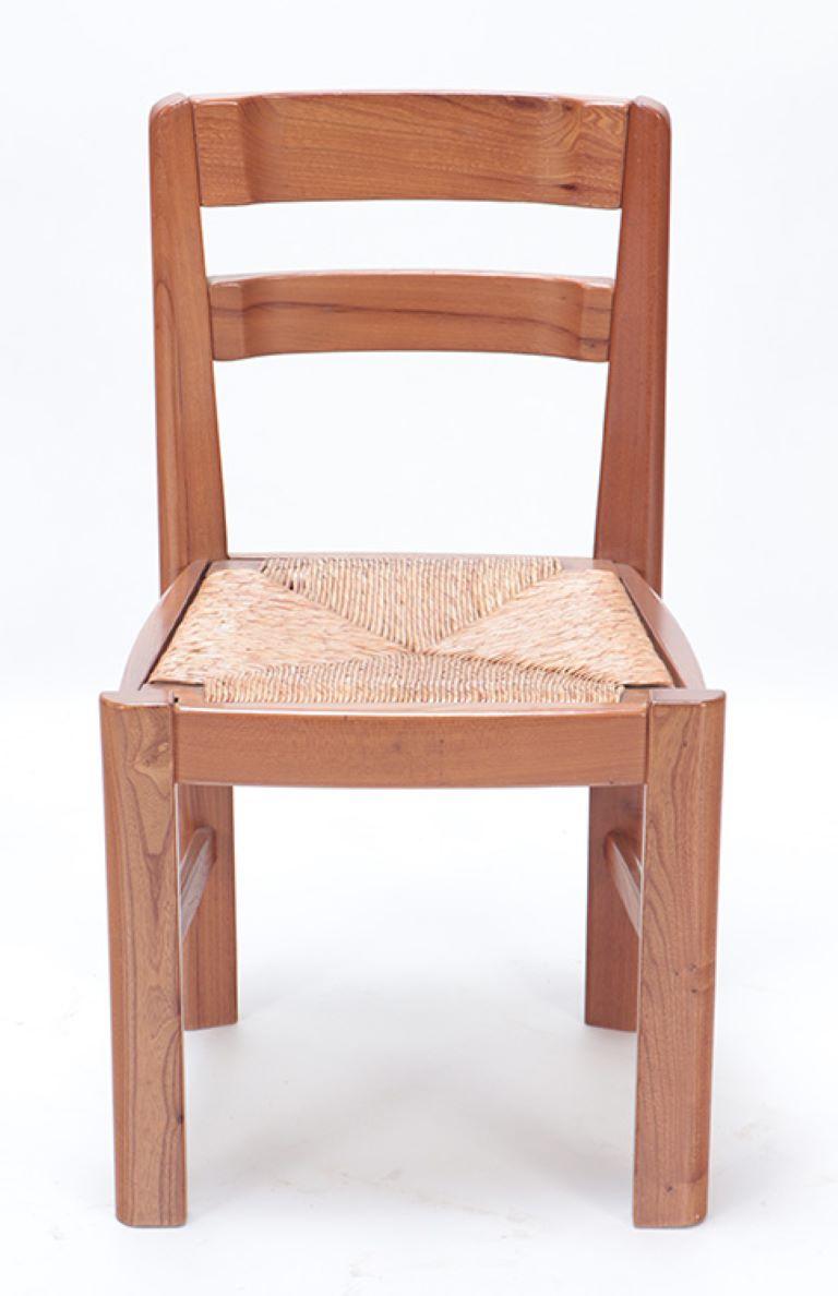 Mid-Century Modern Dix chaises de salle à manger en cerisier français à assise en jonc vers 1960 en vente