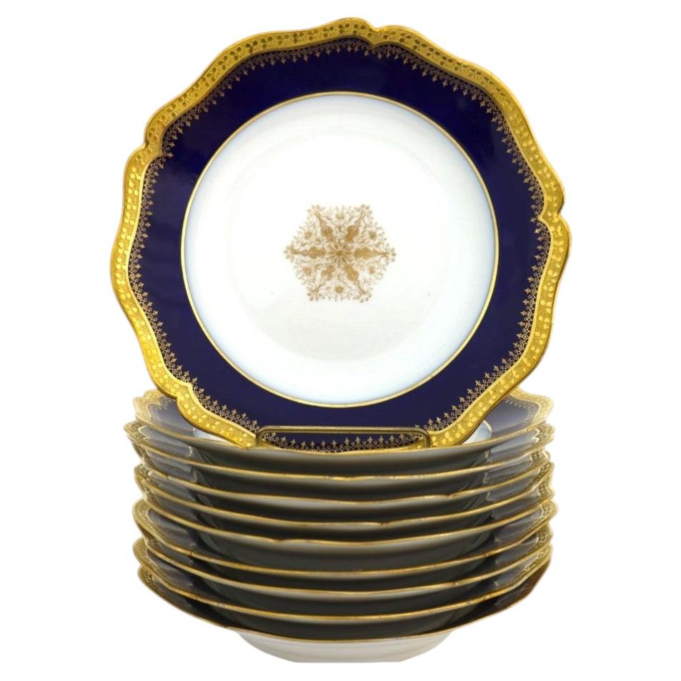 Ten French Limoges Cobalt Blue Porcelain Soup Bowls With Gold Trim c1900