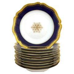 Ten French Limoges Cobalt Blue Porcelain Soup Bowls With Gold Trim c1900