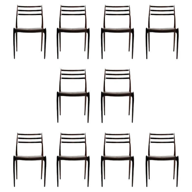 Dix chaises de salle à manger en palissandre de Niels Otto Møller entièrement restaurées et tapissées sur mesure