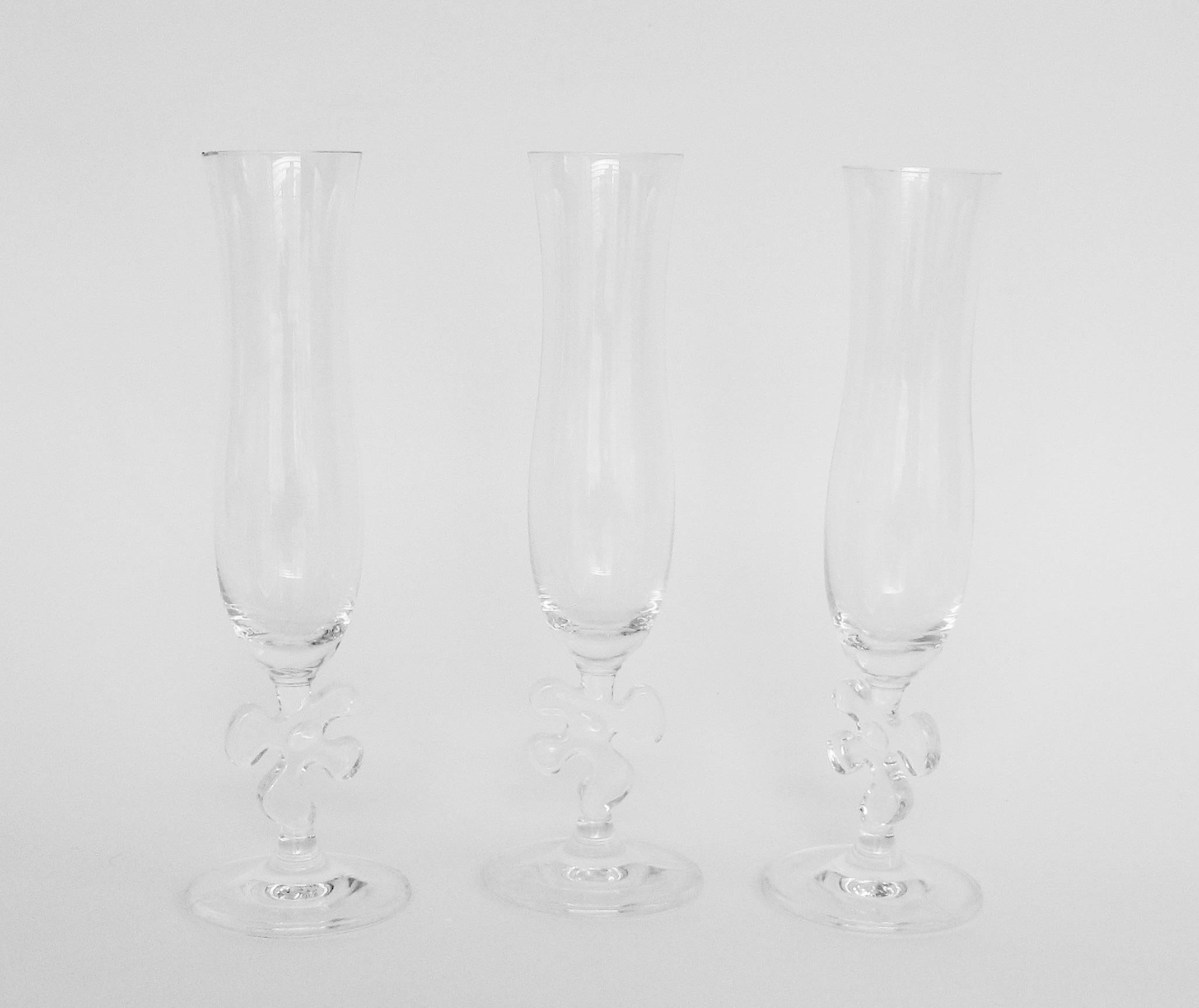 American Ten Fun and Fancy Marc Aurel Crystal Champagne Flutes with Puzzle Piece Stem For Sale
