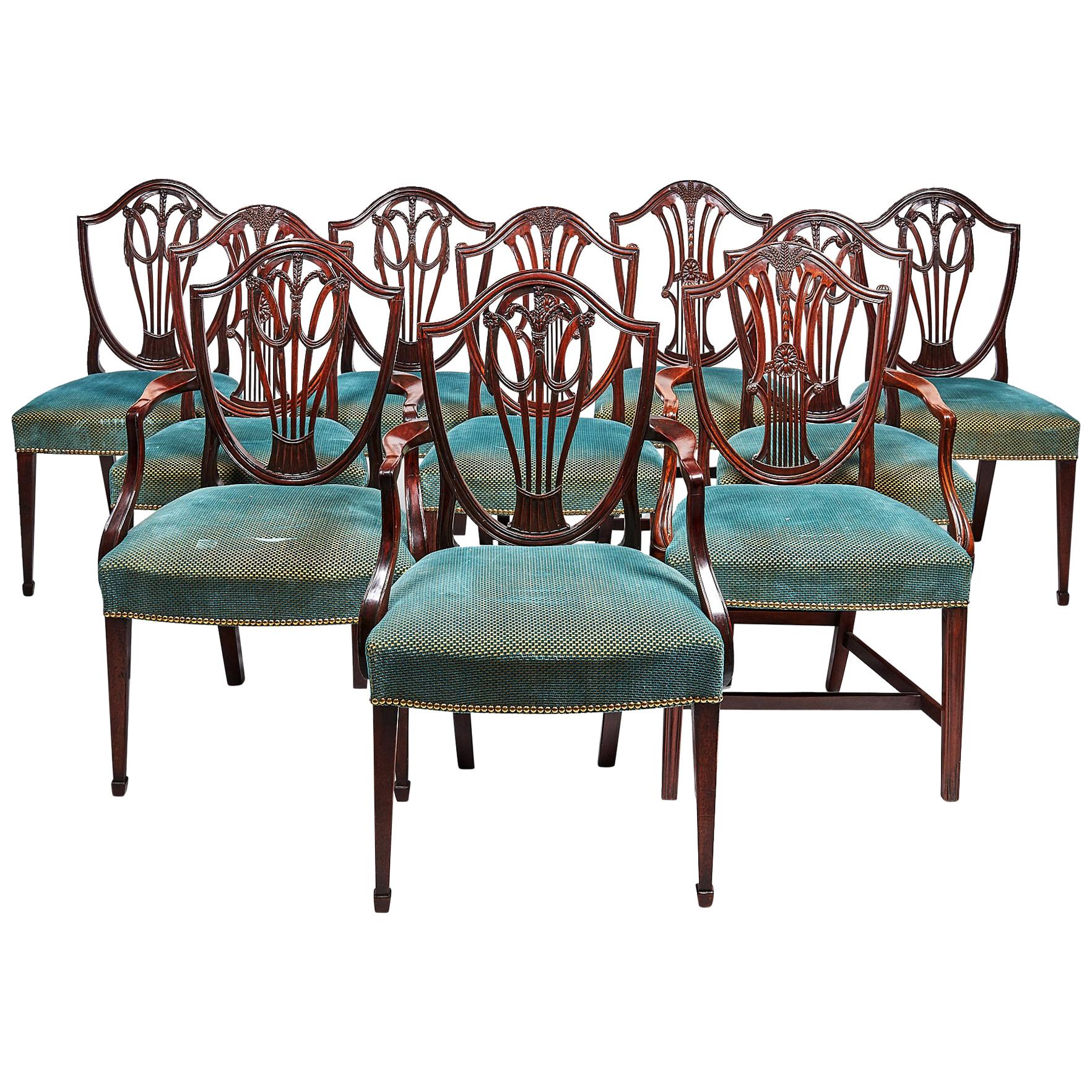 Ten George III Mahogany Dining Chairs in the Hepplewhite Style