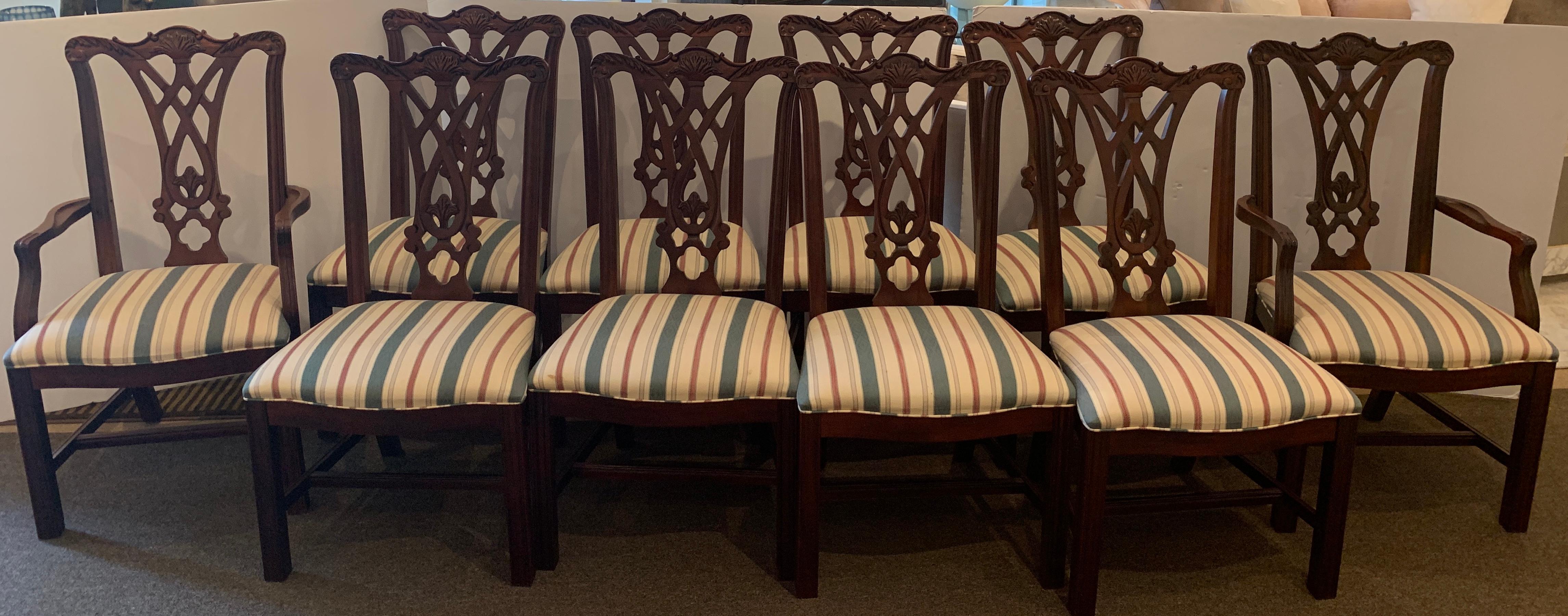 Ten Georgian style mahogany dining room chairs, by Thomasville.
Consisting of two armchairs and eight side chairs. Each one with carved and pierced backrest, raised on Marlborough legs.

Armchair measures 40