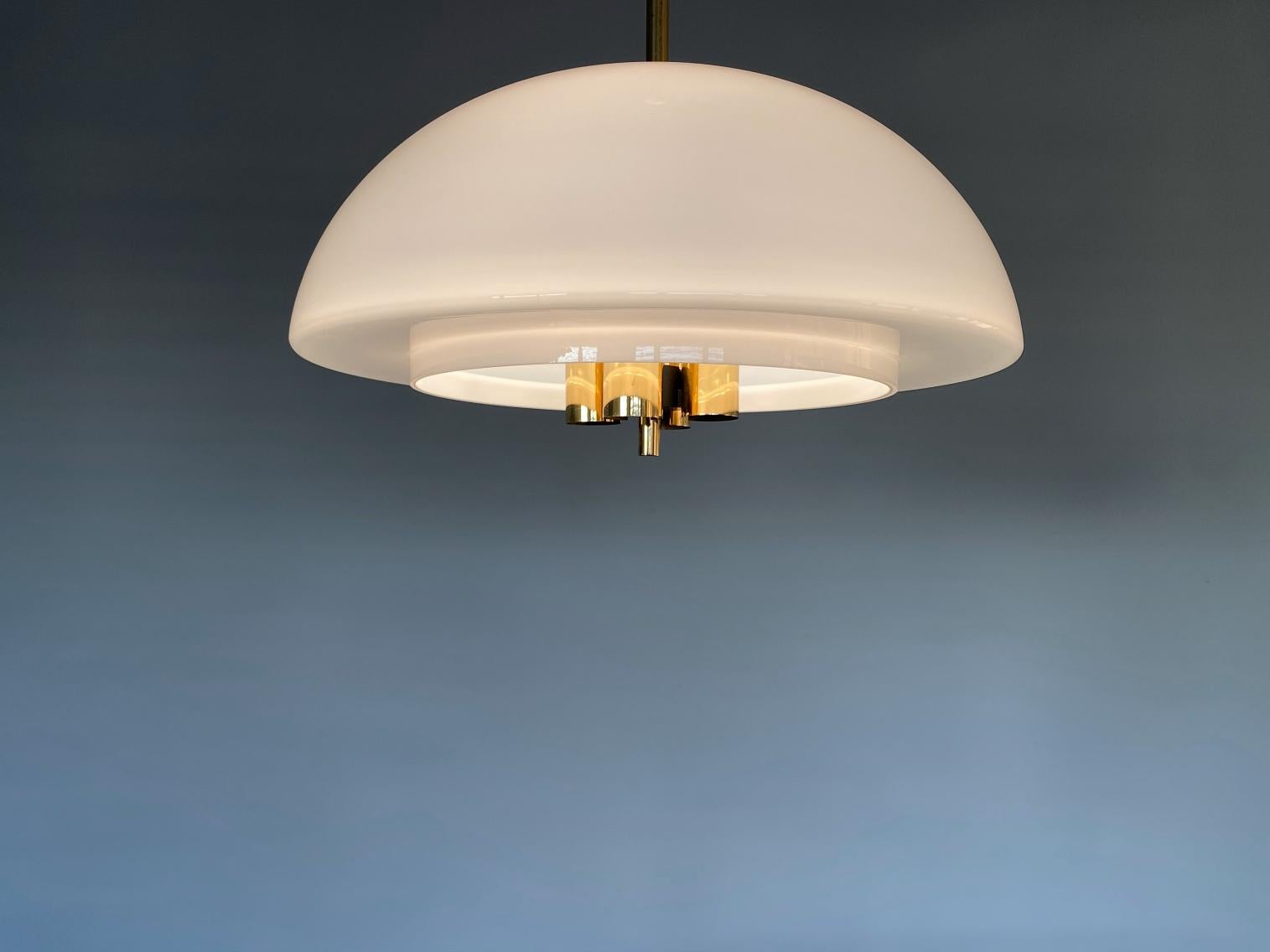 Metalwork GLASHÜTTE LIMBURG Ten Opal Glass & Brass Pendant Lights, 1970s, Germany For Sale