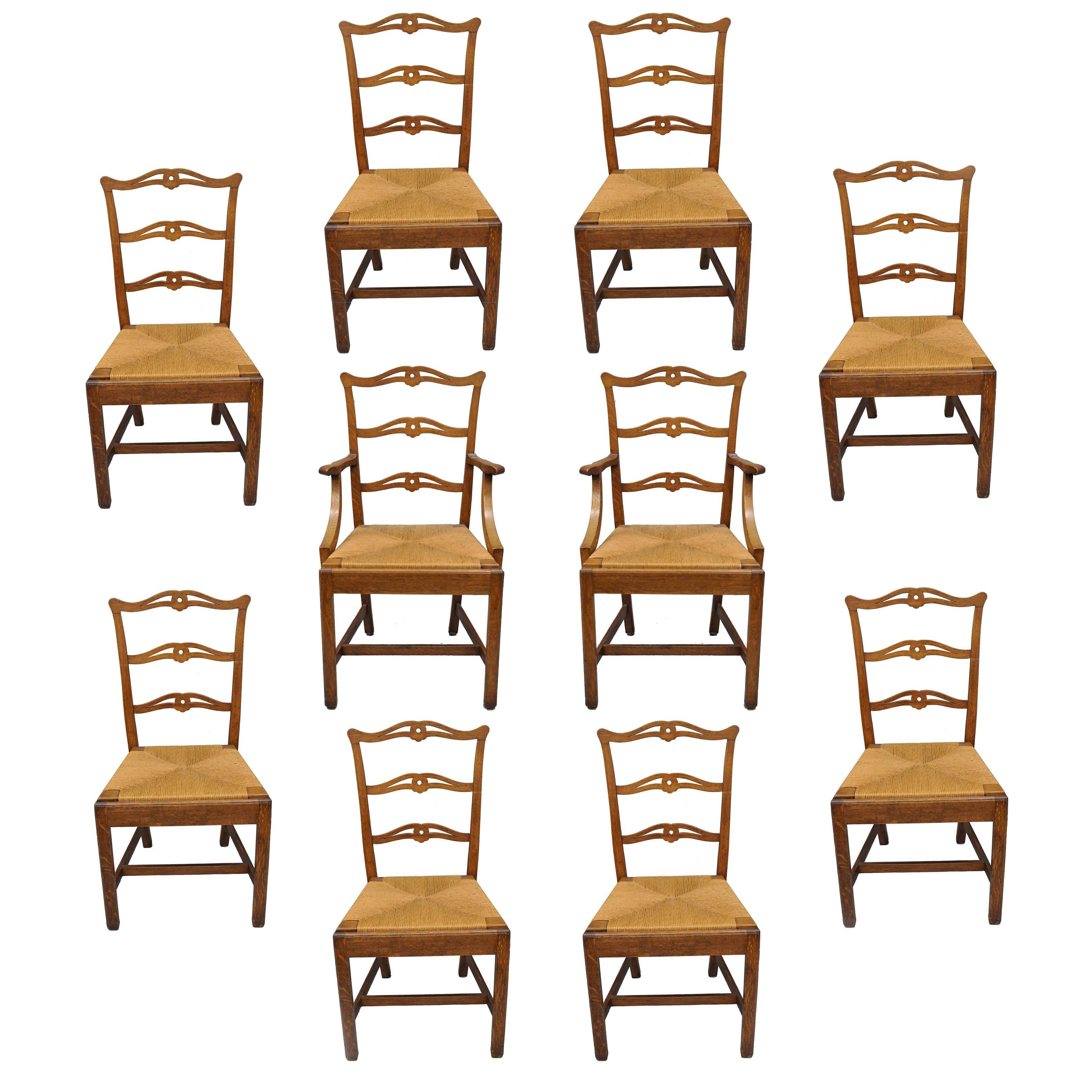 Ten Golden Oak Chippendale Mission Dining Chairs Rush Seat Ribbon Ladder Back