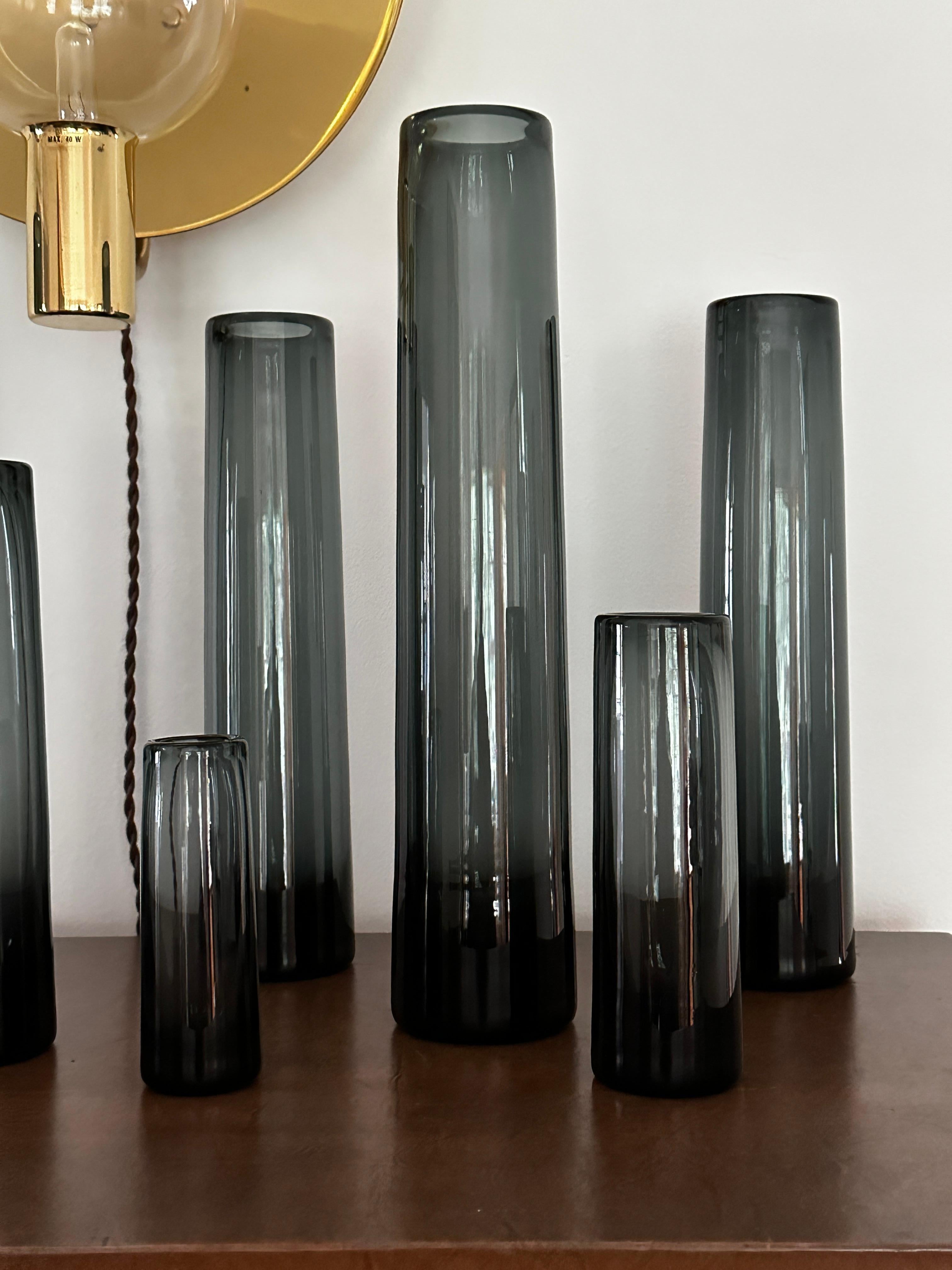 Blown Glass Ten Gray Per Lütken Designed Cylinder Vases From Holmegaard For Sale