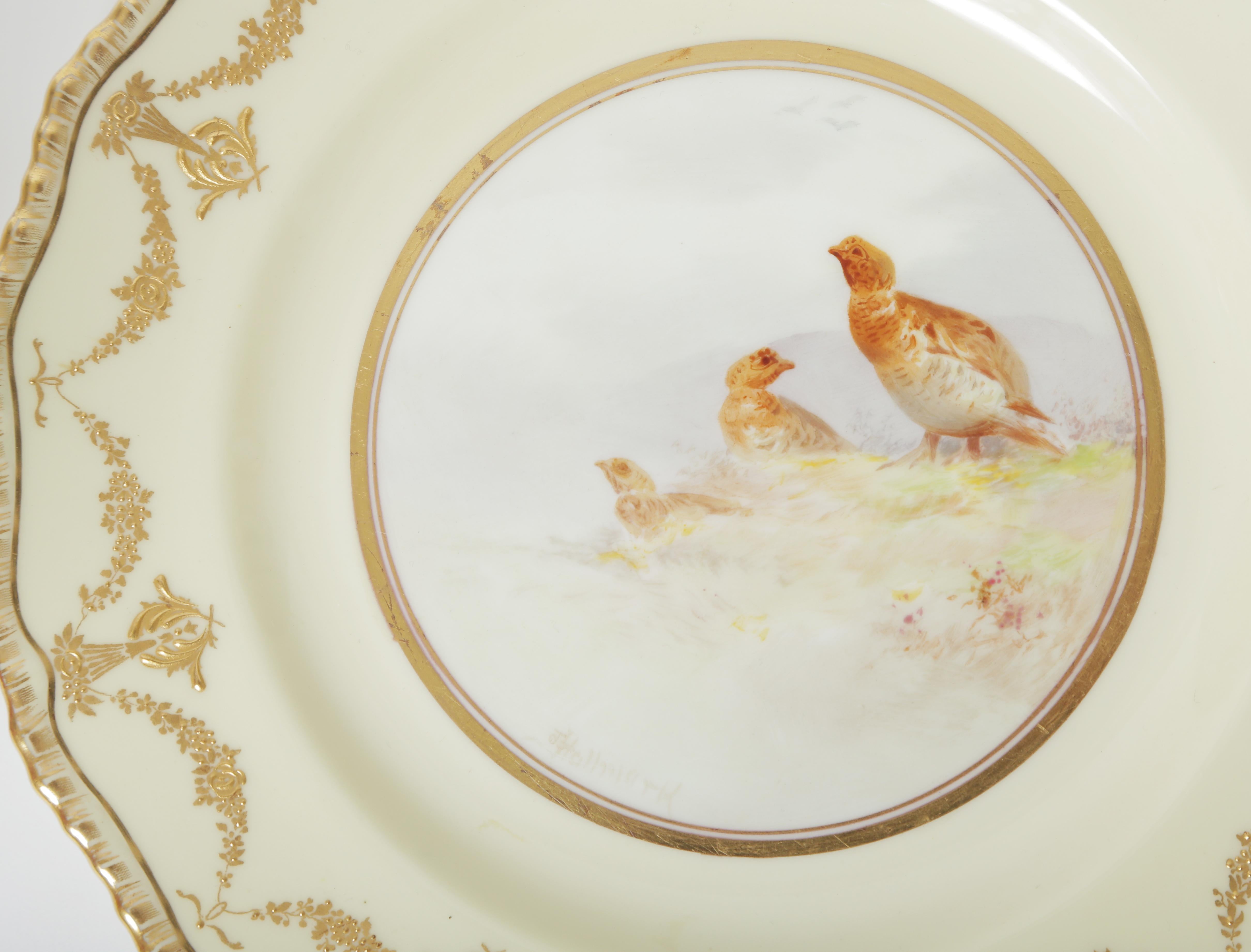 Ten Hand Painted Game Bird Plates, Raised Gold Accents, Antique English 9