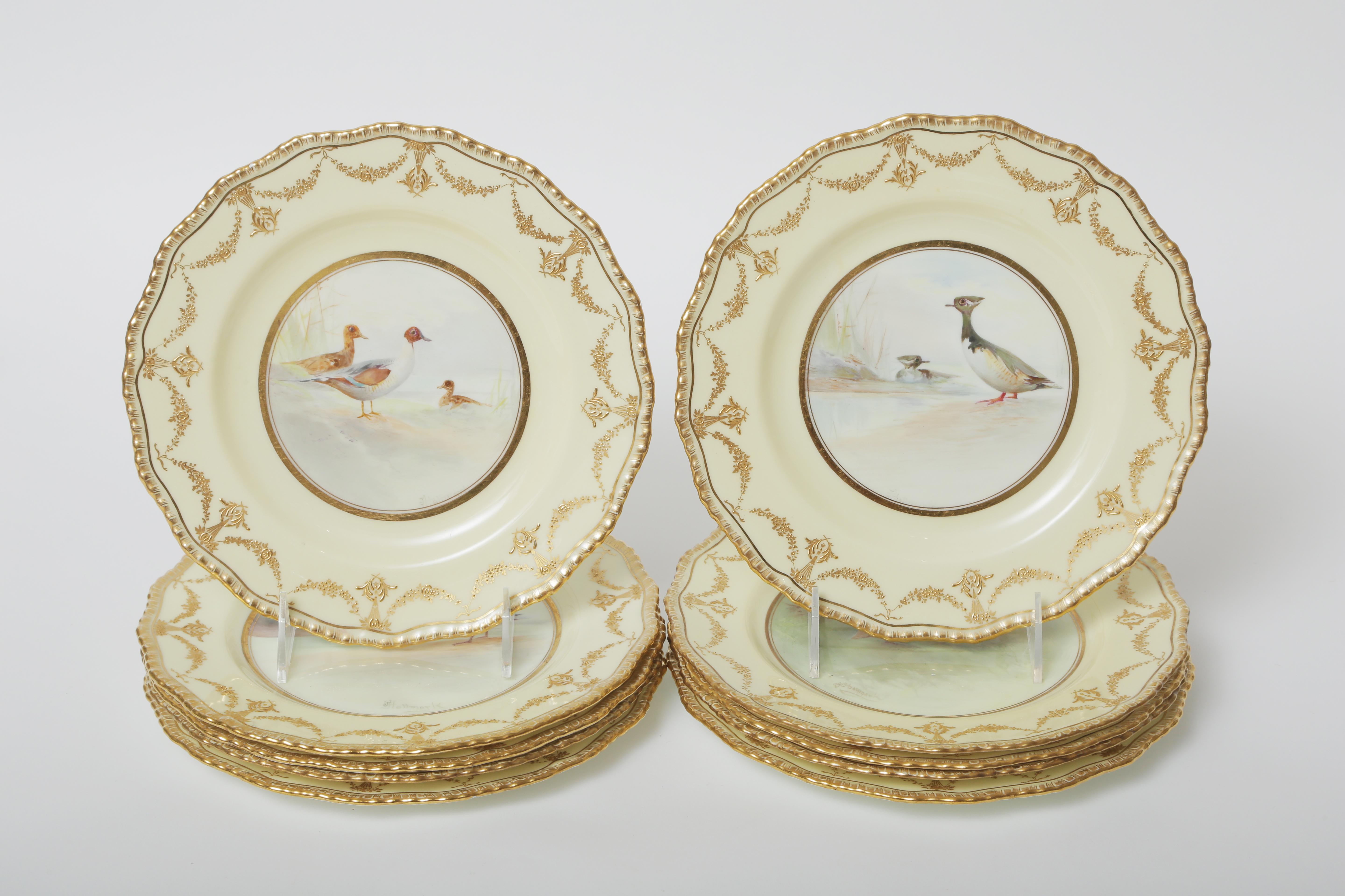 10 Royal Doulton, England circa 1910 hand painted cabinet plates. All are signed by the artist J Hallmark and feature full flora fauna backgrounds in the birds natural Habitat. They have a nice slightly scalloped 24-karat gold trim shape and are