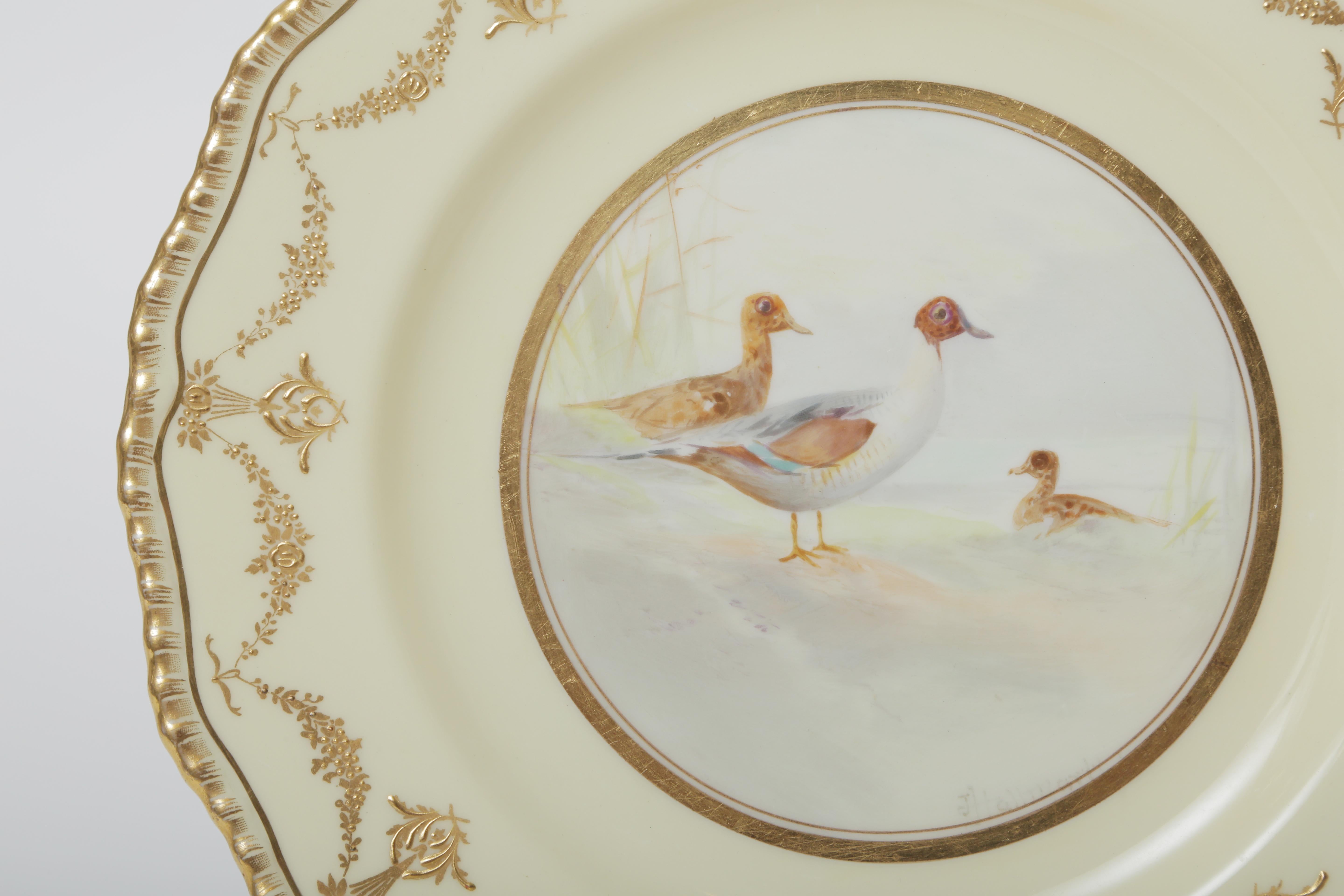 Hand-Crafted Ten Hand Painted Game Bird Plates, Raised Gold Accents, Antique English
