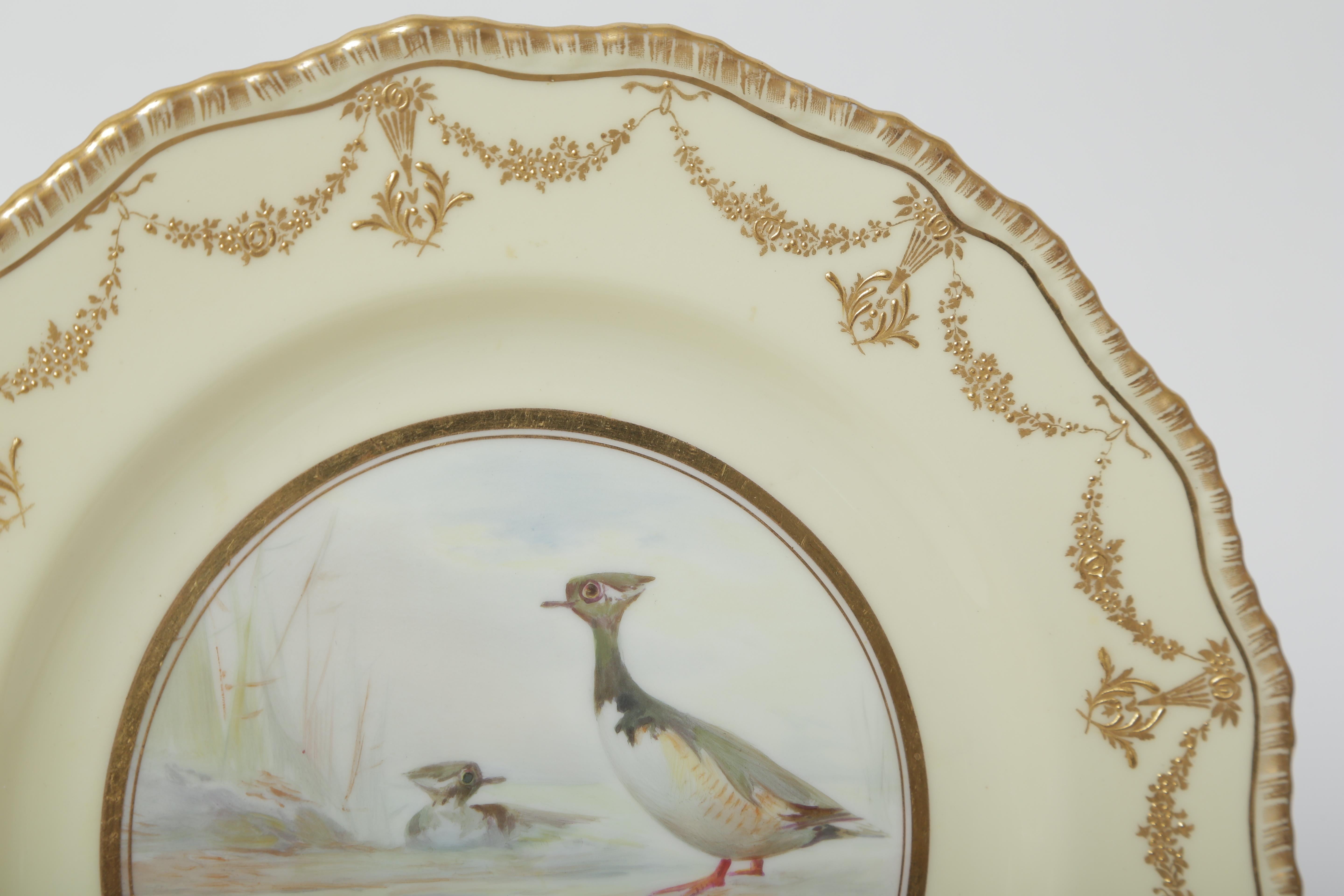 Ten Hand Painted Game Bird Plates, Raised Gold Accents, Antique English In Good Condition In West Palm Beach, FL