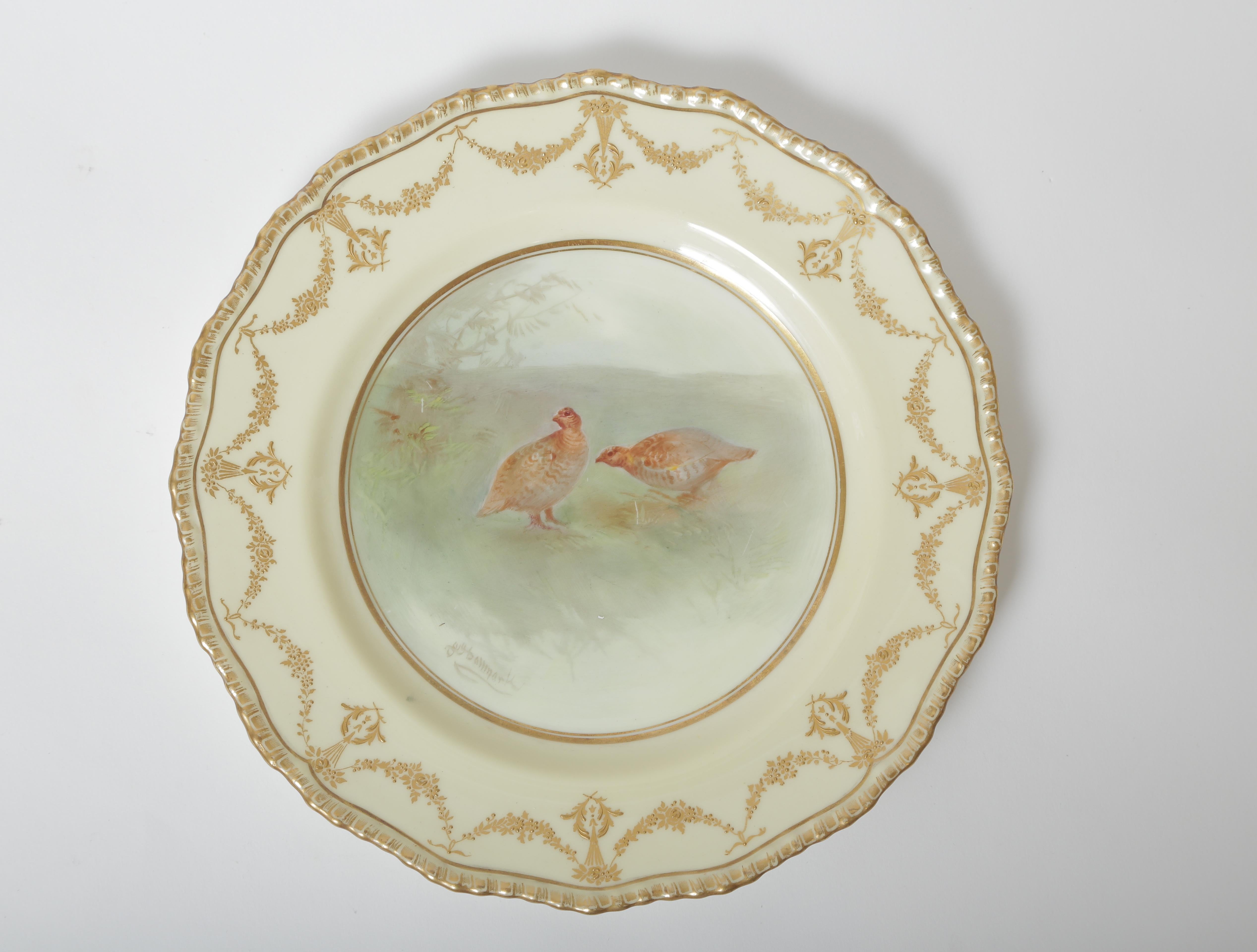 Early 20th Century Ten Hand Painted Game Bird Plates, Raised Gold Accents, Antique English
