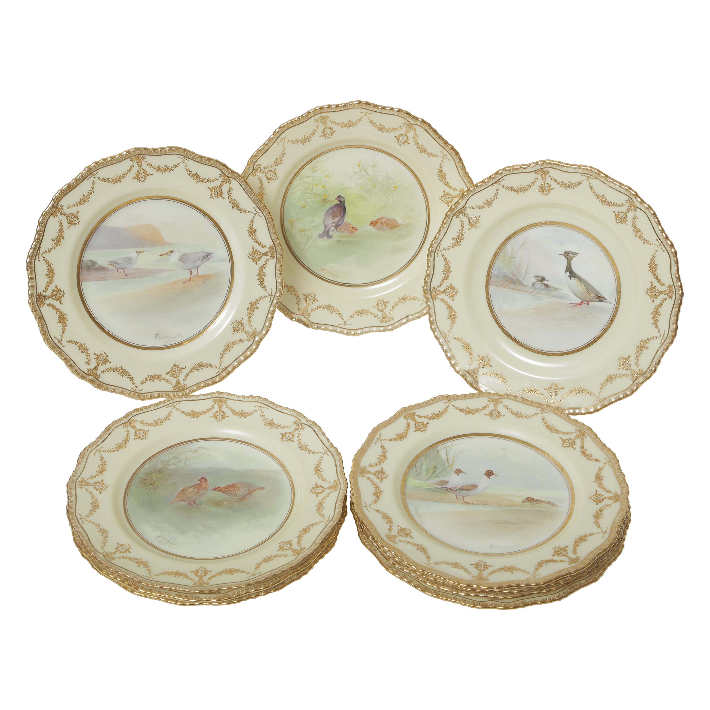 Ten Hand Painted Game Bird Plates, Raised Gold Accents, Antique English