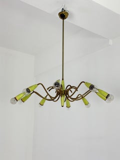 Ten-light brass Chandelier with green cones, attributed to Stilnovo, 1950s