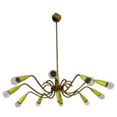 Ten-light brass Chandelier with green cones, attributed to Stilnovo, 1950s