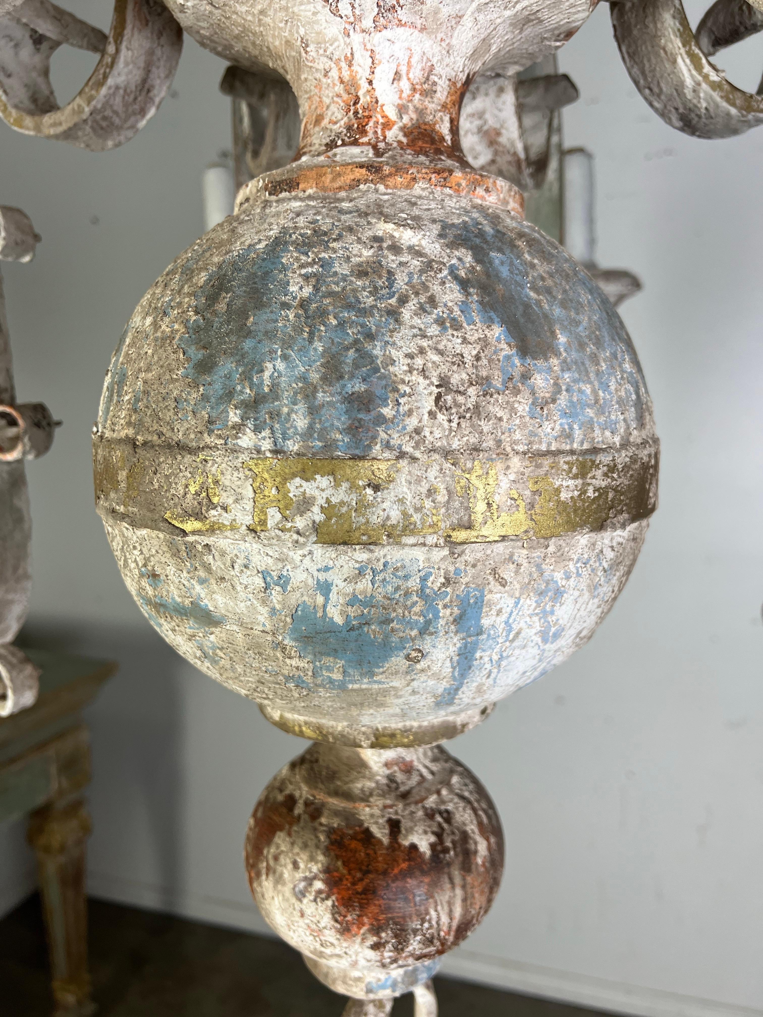 Ten Light Spanish Wrought Iron & Wood Painted Chandelier For Sale 7