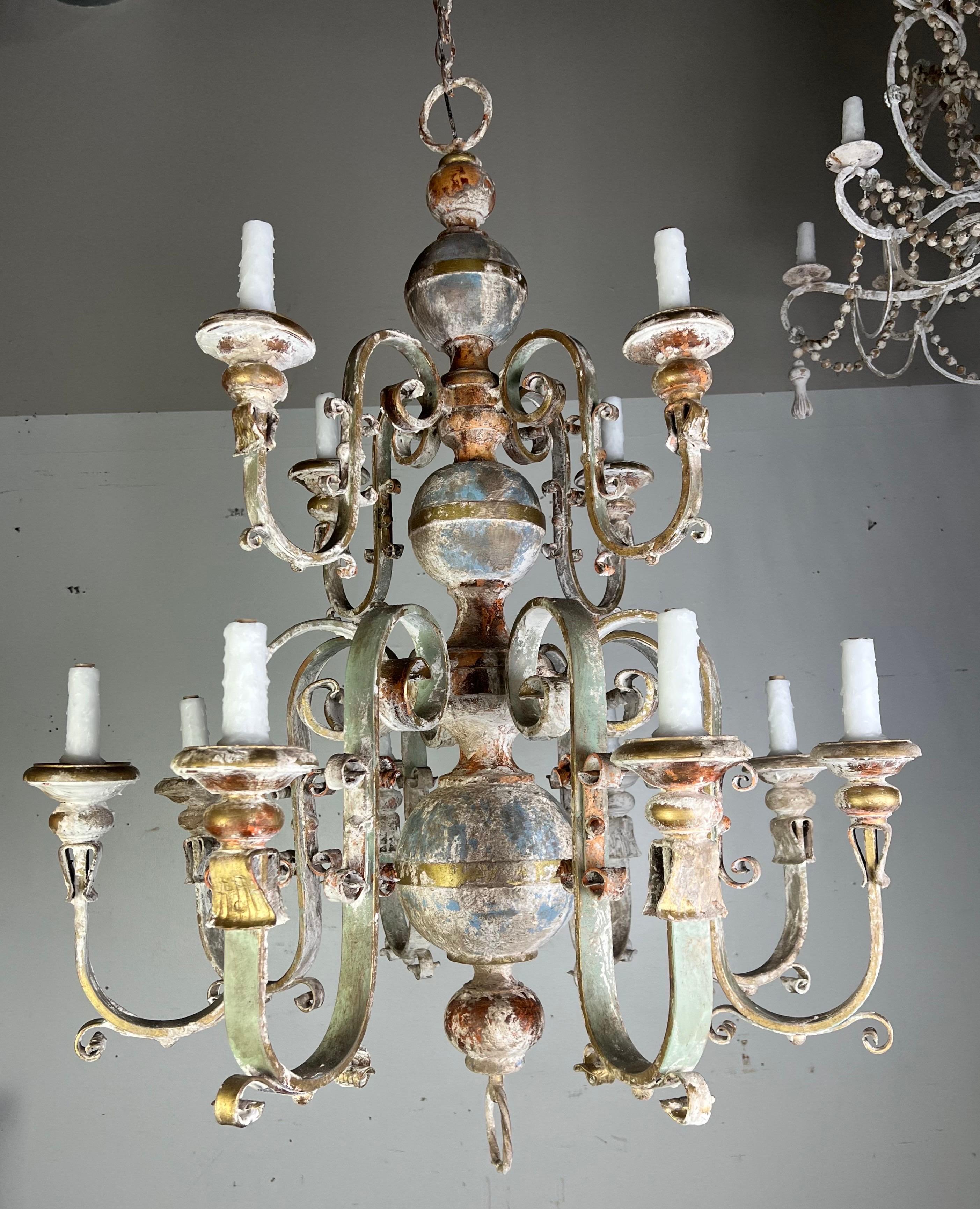 Ten Light Spanish Wrought Iron & Wood Painted Chandelier For Sale 9