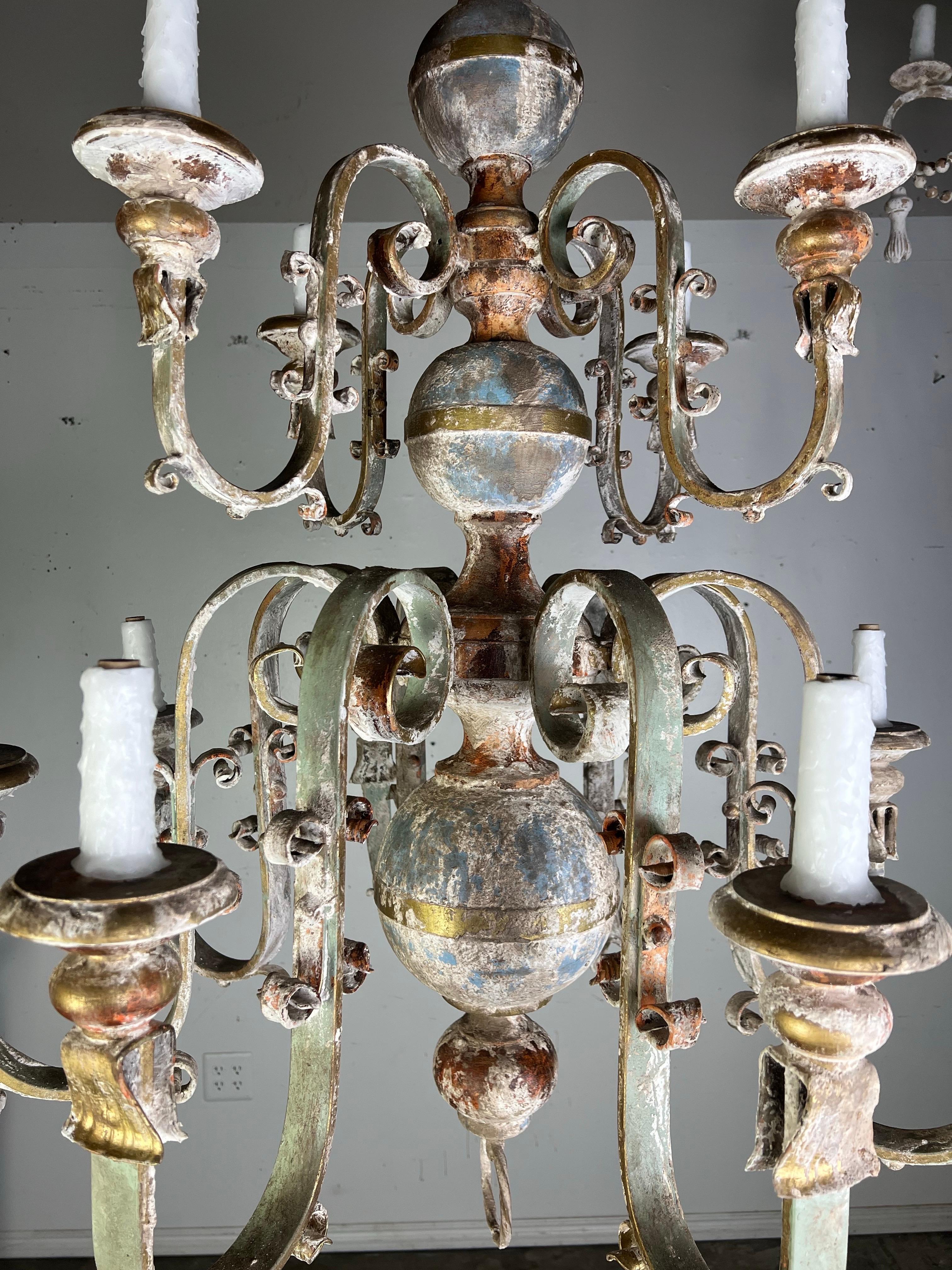 Ten Light Spanish Wrought Iron & Wood Painted Chandelier For Sale 10