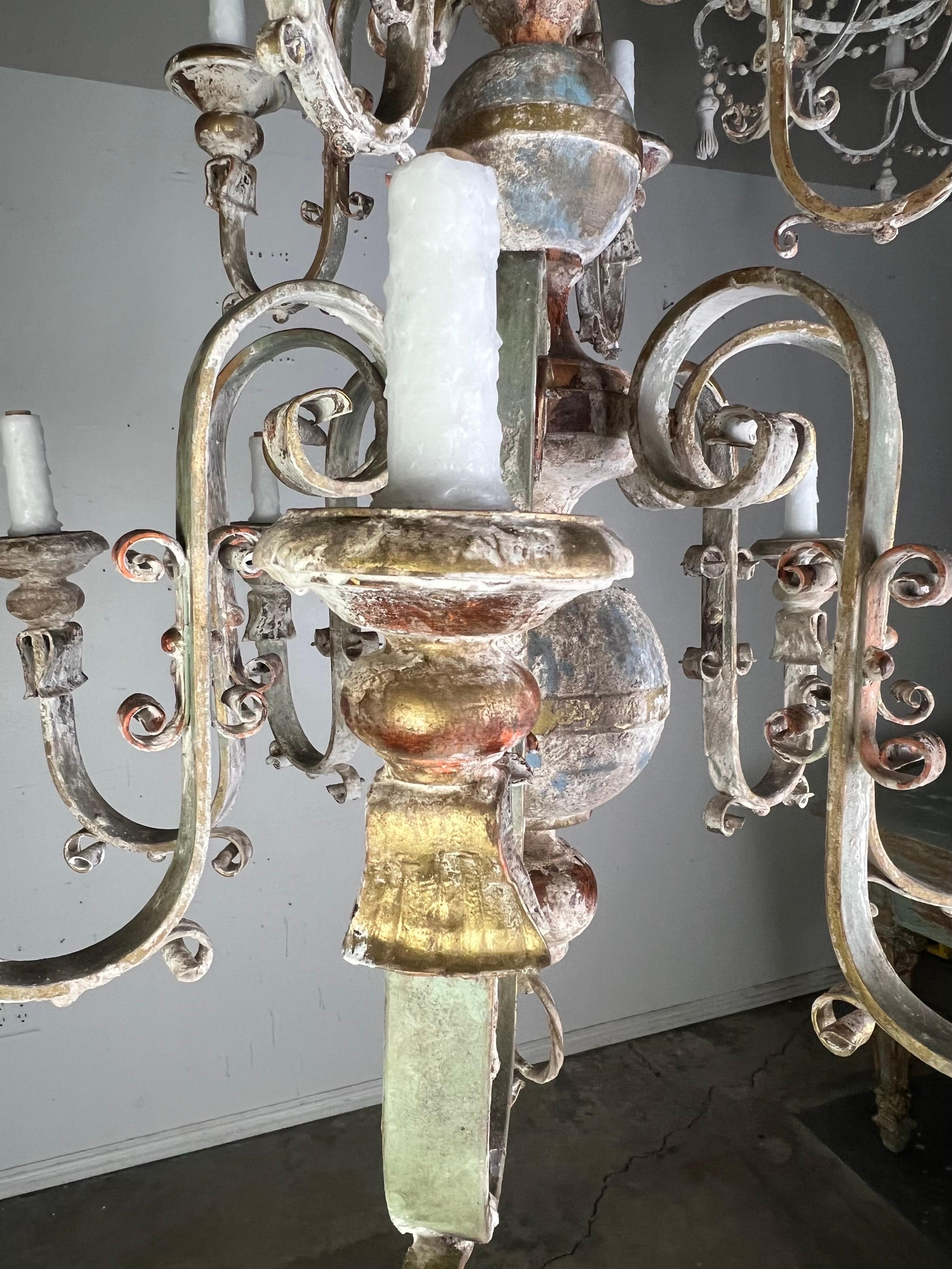 Ten Light Spanish Wrought Iron & Wood Painted Chandelier For Sale 11