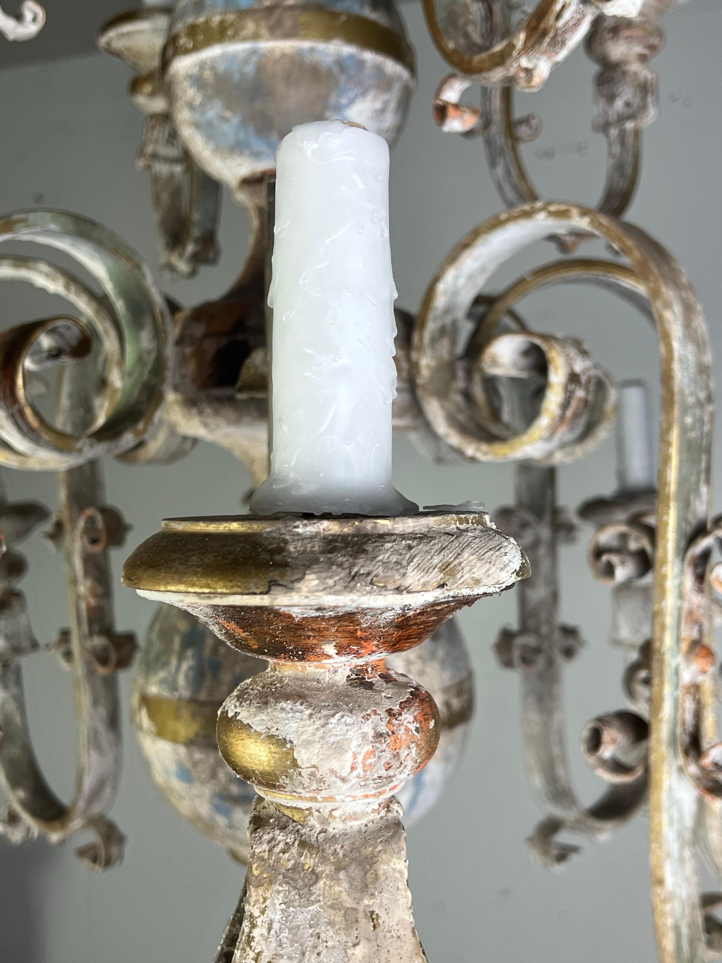Ten Light Spanish Wrought Iron & Wood Painted Chandelier For Sale 14