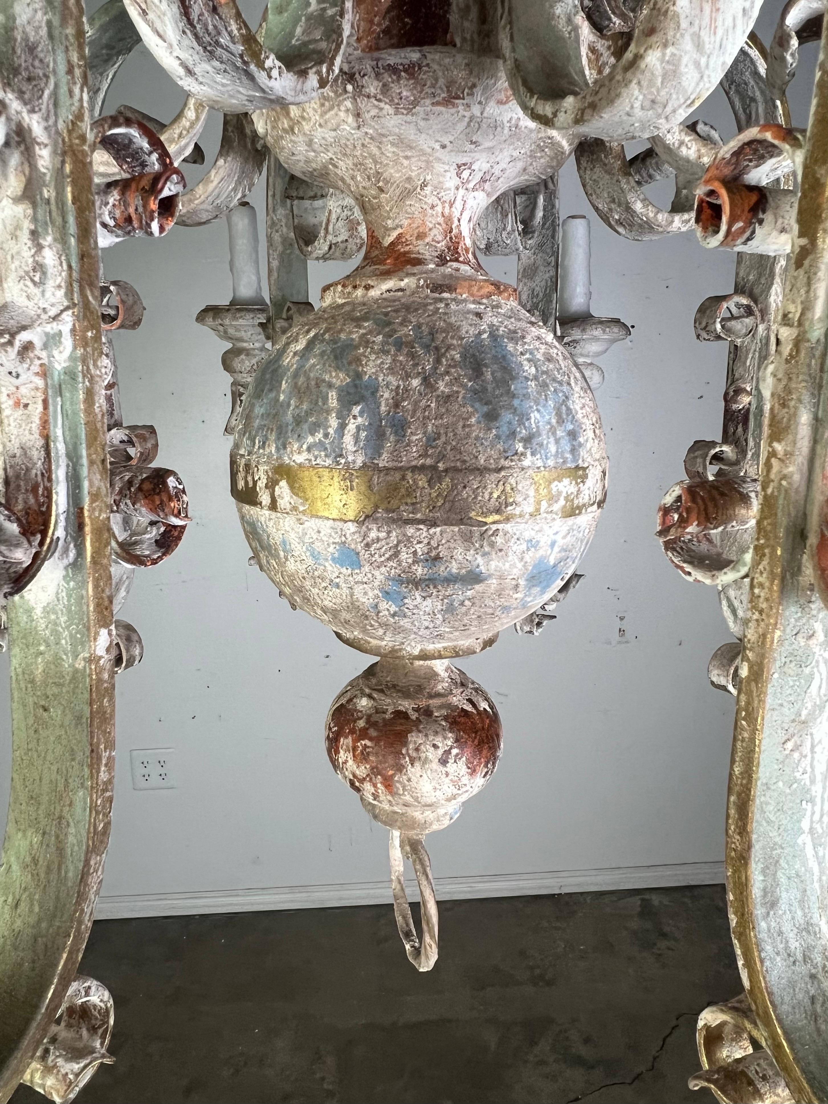 Ten Light Spanish Wrought Iron & Wood Painted Chandelier For Sale 15