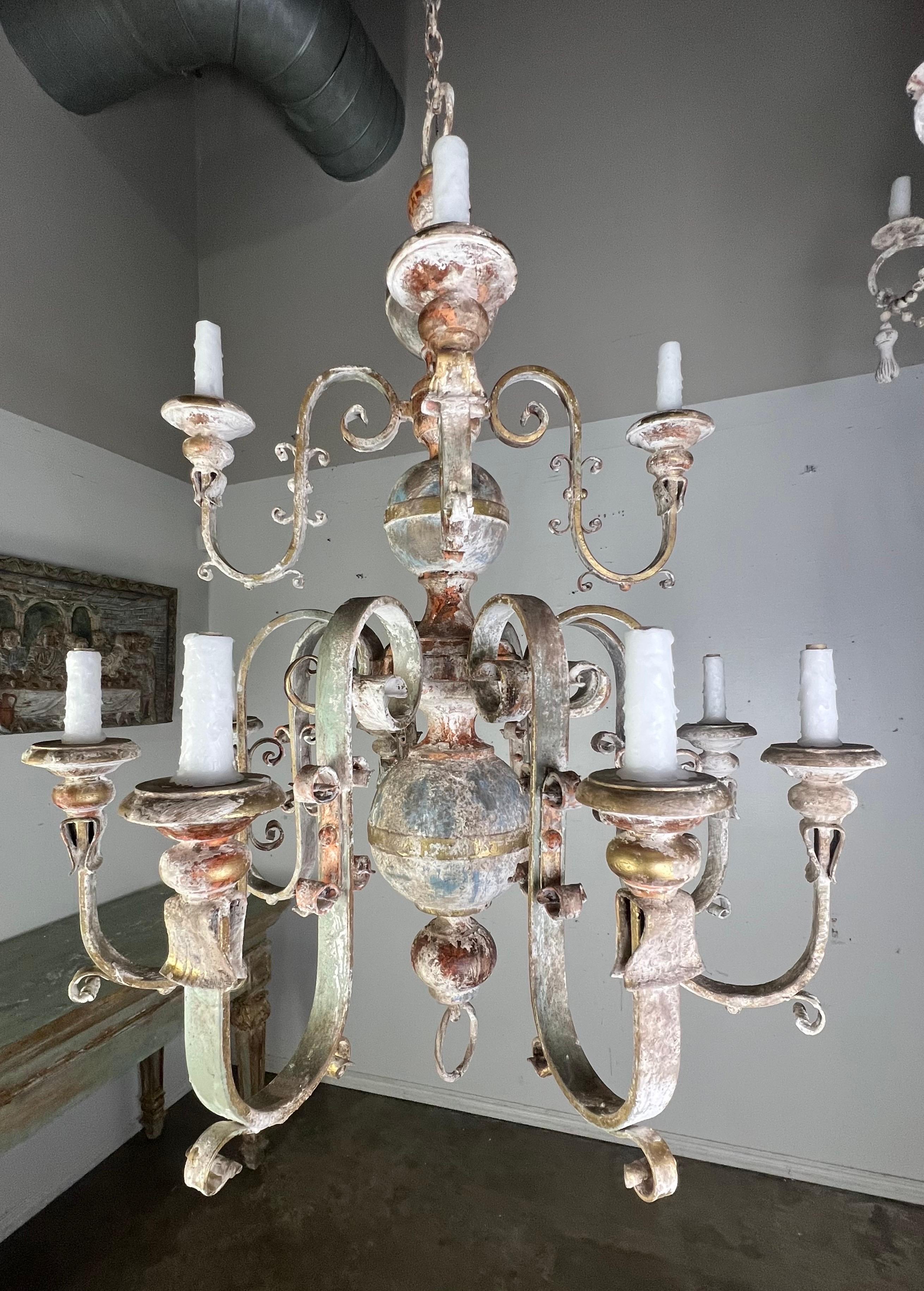 Baroque Ten Light Spanish Wrought Iron & Wood Painted Chandelier For Sale
