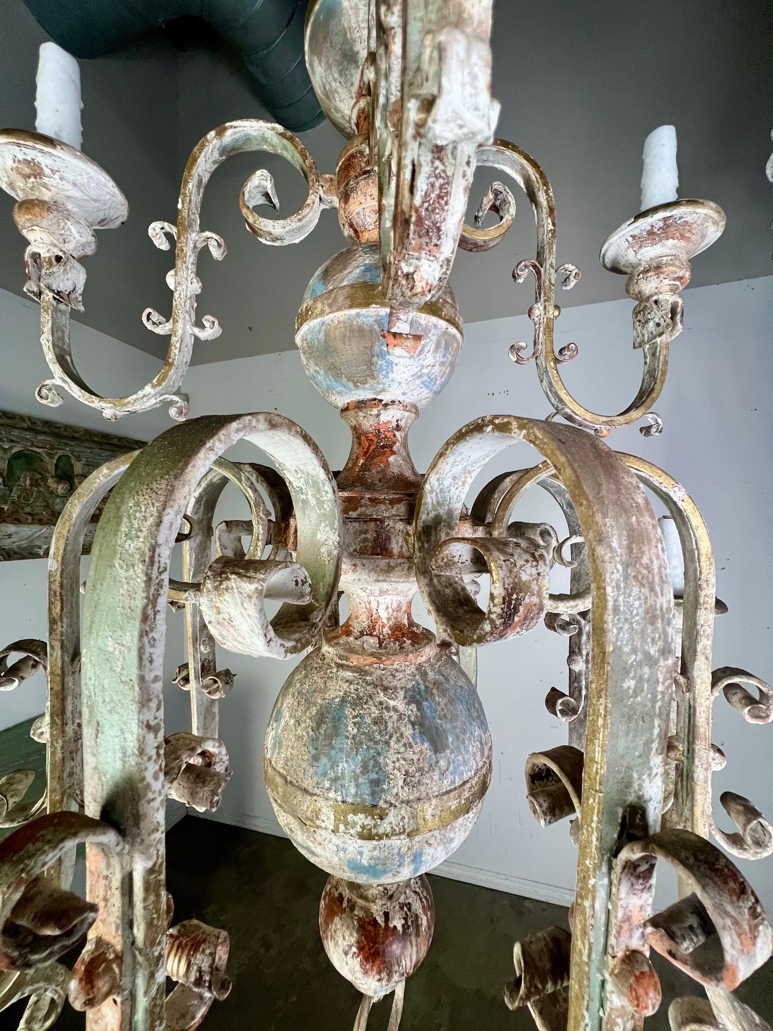 Ten Light Spanish Wrought Iron & Wood Painted Chandelier For Sale 1