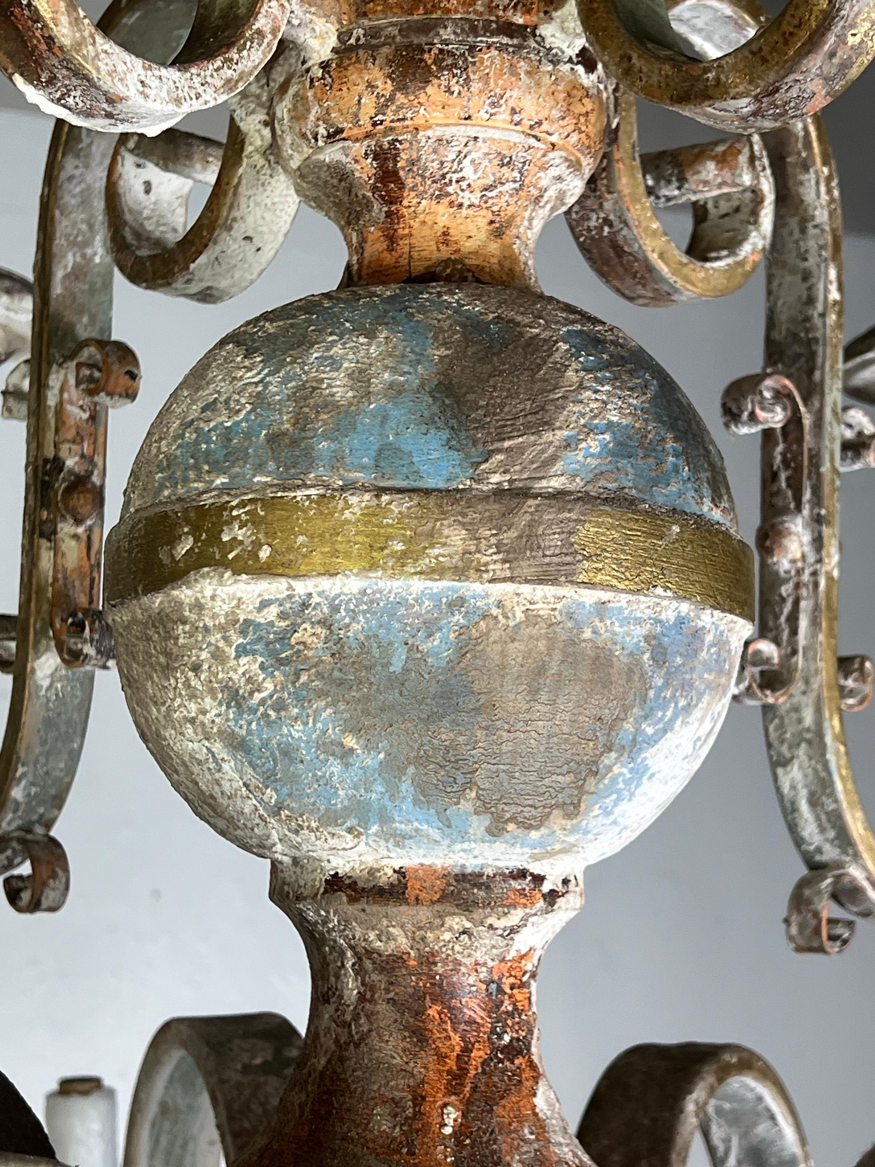 Ten Light Spanish Wrought Iron & Wood Painted Chandelier For Sale 2
