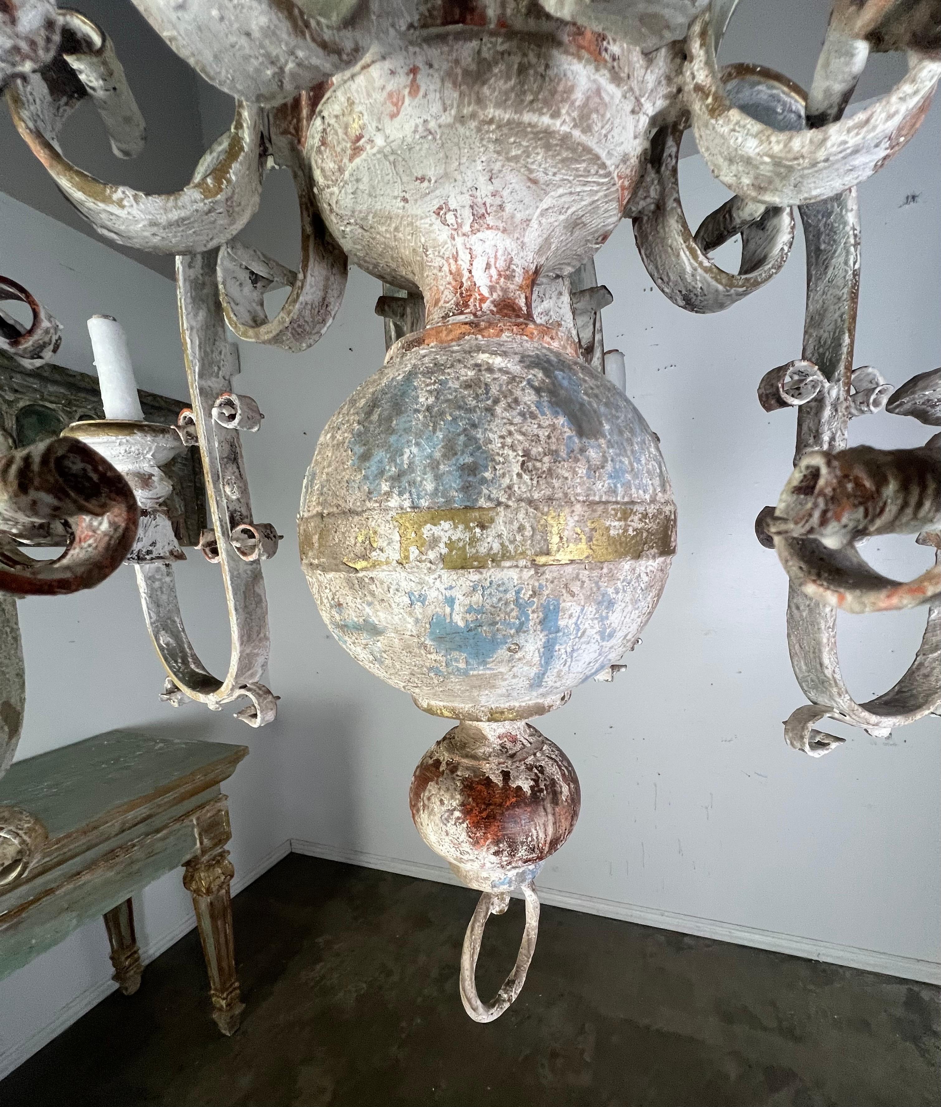 Ten Light Spanish Wrought Iron & Wood Painted Chandelier For Sale 3