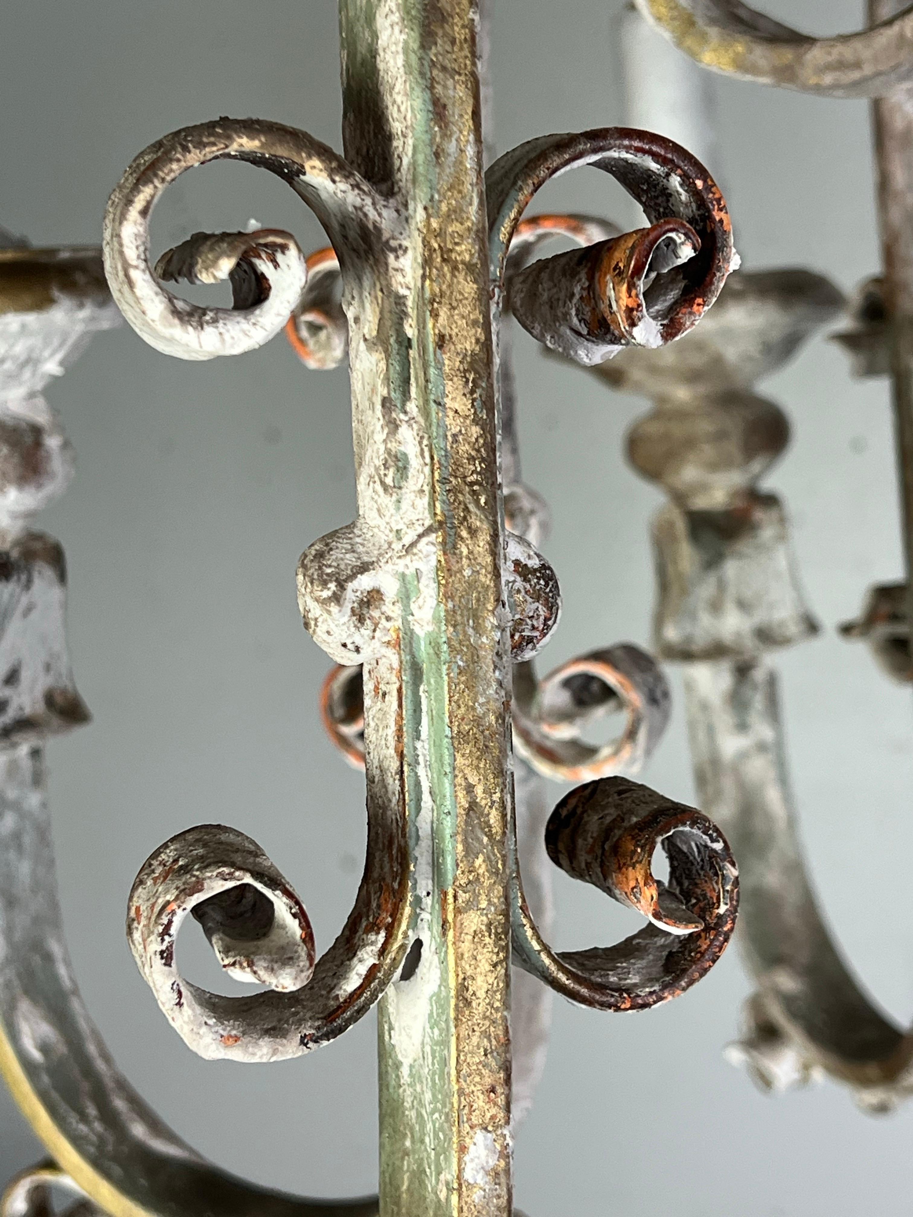 Ten Light Spanish Wrought Iron & Wood Painted Chandelier For Sale 4
