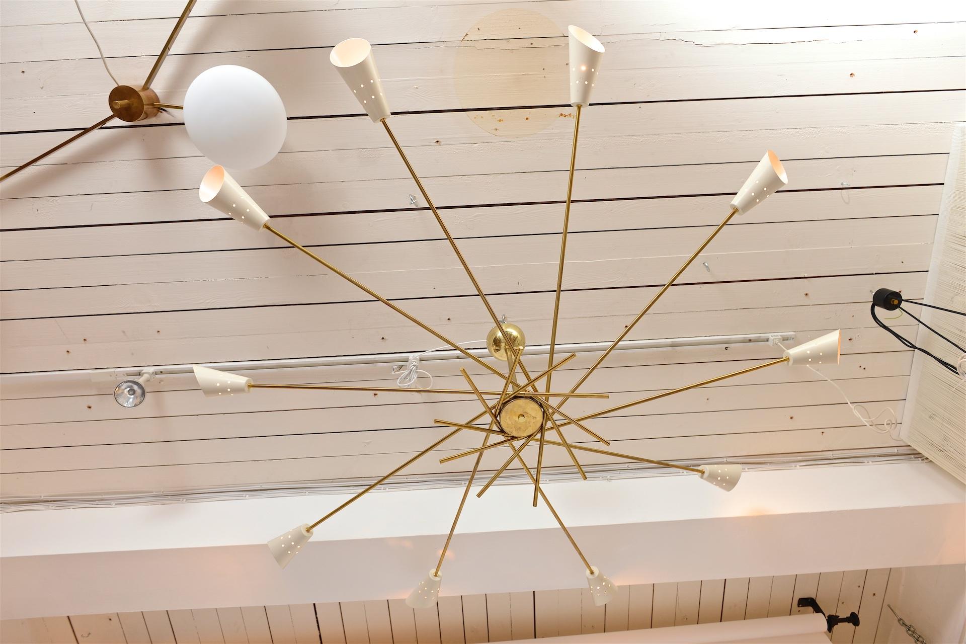 Brass and painted aluminium chandelier with 10 lights

Contemporary Sputnik like take on the style of 1950s Italian lights commonly attributed to Stilnovo

Drop can be as required with minimum at 45cm

Closes just like an umbrella for easy