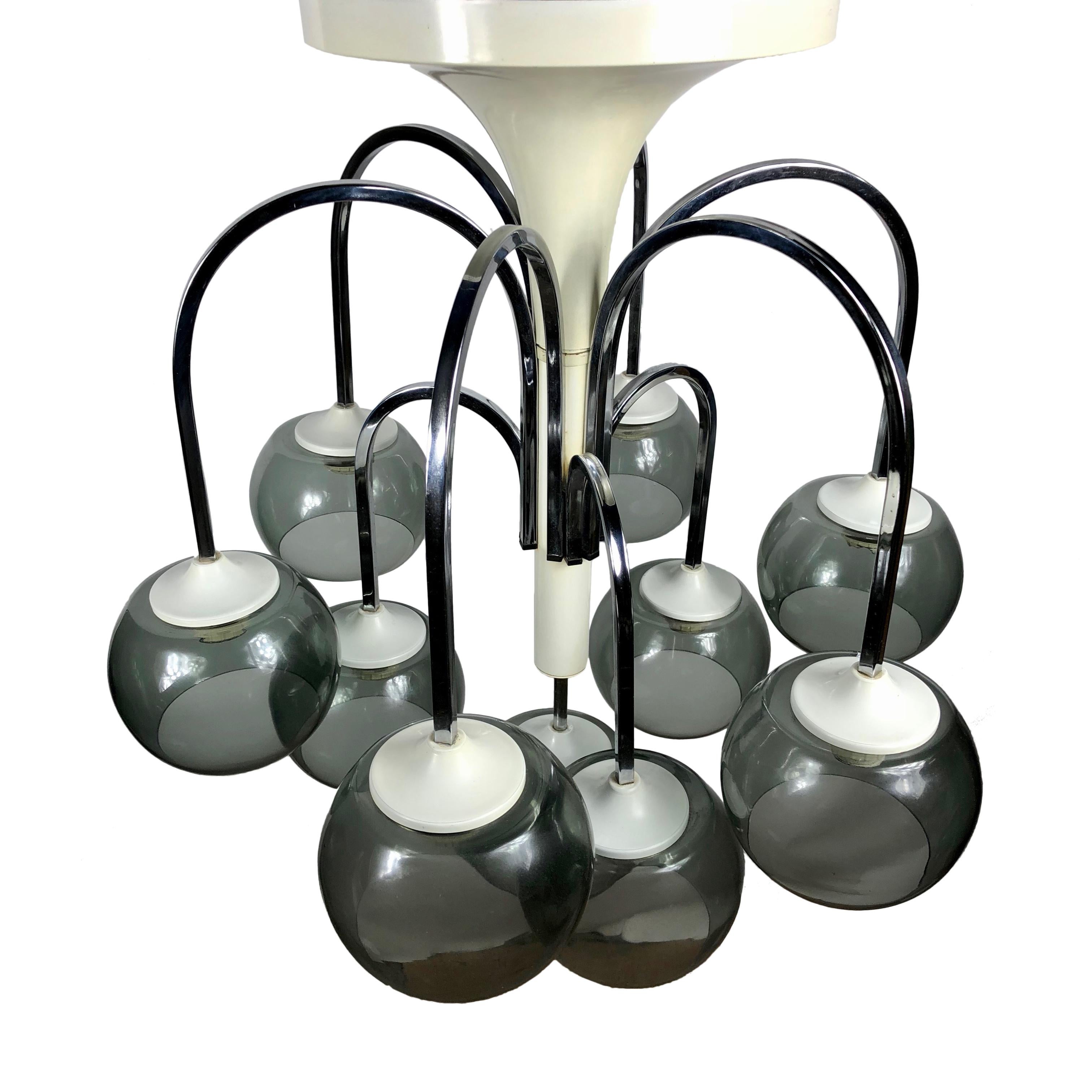 Italian Ten Lights Chandelier in Chrome and Smoked Glass, Italy, Mid-Century Modern For Sale