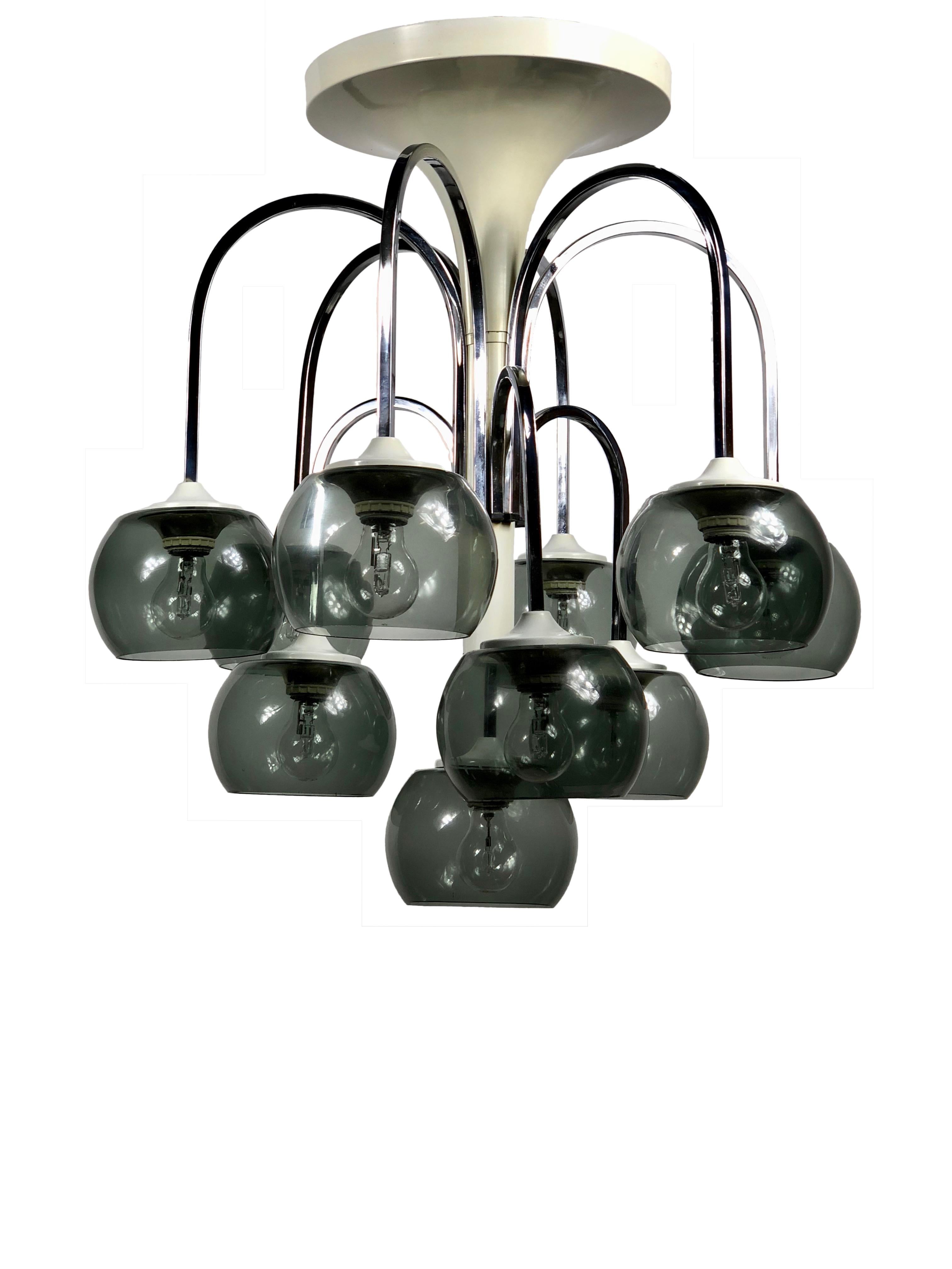 Metal Ten Lights Chandelier in Chrome and Smoked Glass, Italy, Mid-Century Modern For Sale