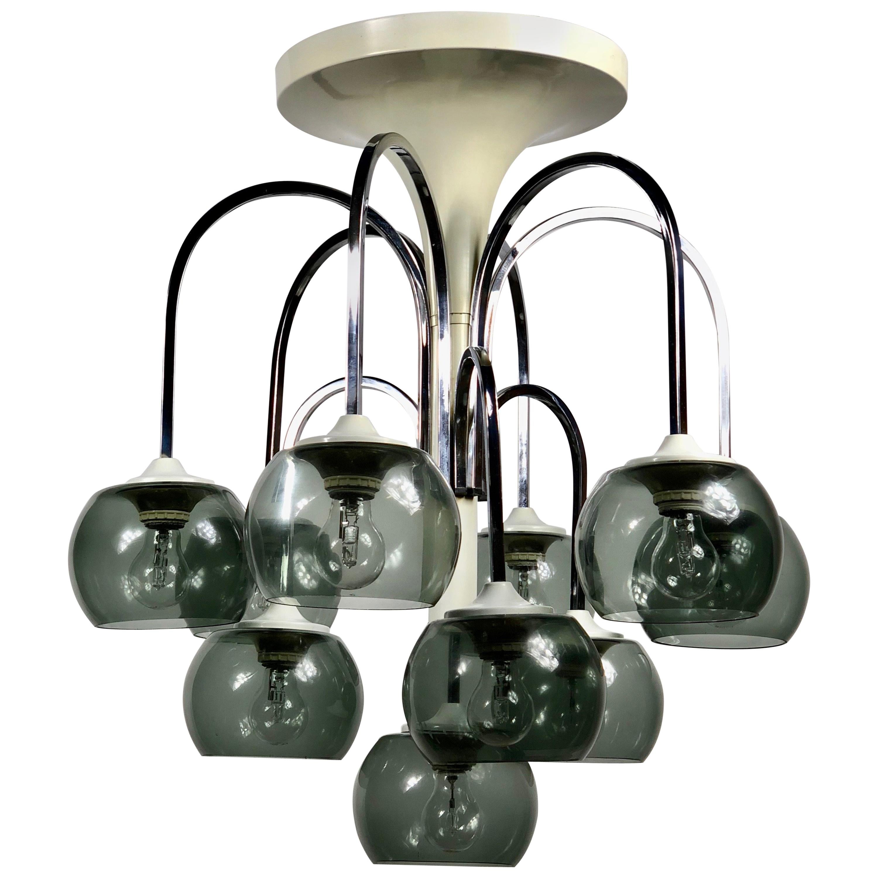 Ten Lights Chandelier in Chrome and Smoked Glass, Italy, Mid-Century Modern For Sale