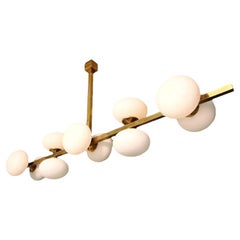 Ten Lights Italian Brass and Opaline Glass Globes Ceilng Light