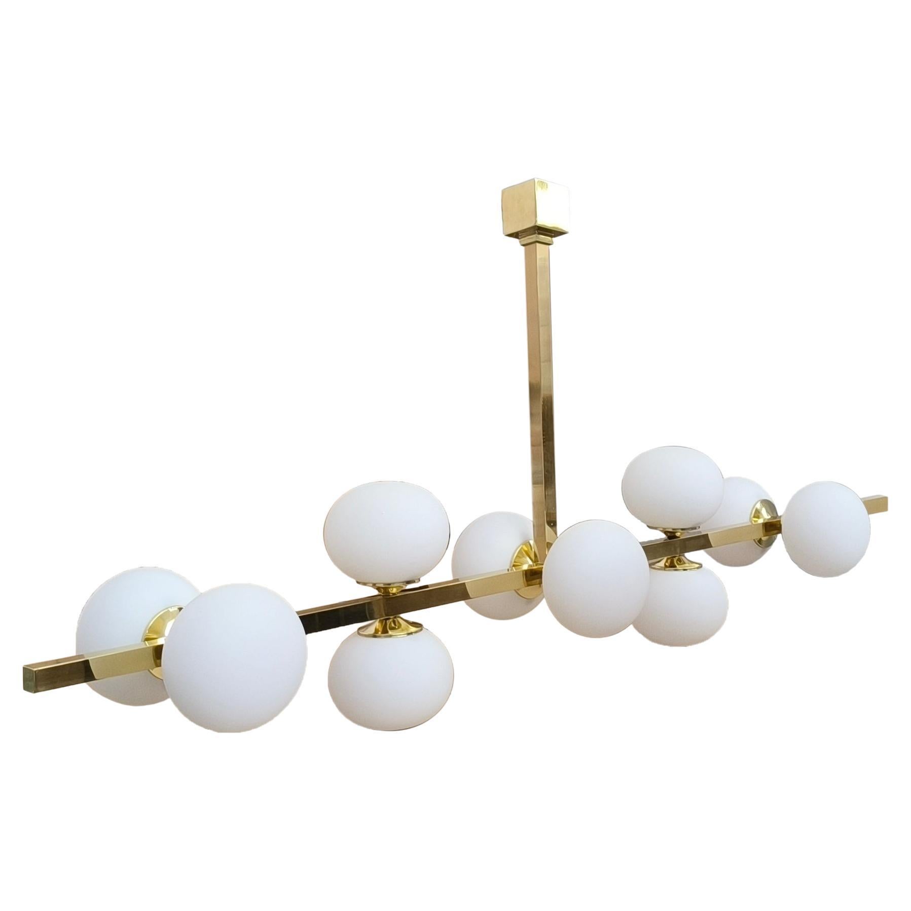 Ten Lights Italian Brass and Opaline Glass Globes Ceiling Light