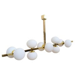 Ten Lights Italian Brass and Opaline Glass Globes Ceiling Light
