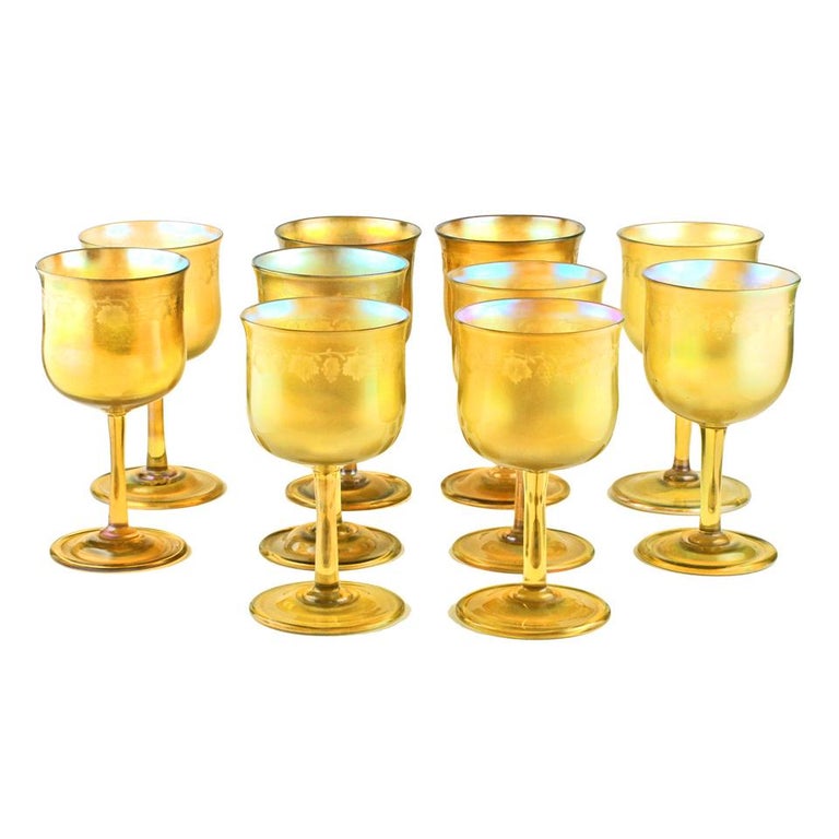 American Ten Louis Comfort Tiffany Favrile Water Goblets with Rare Cut Decoration For Sale