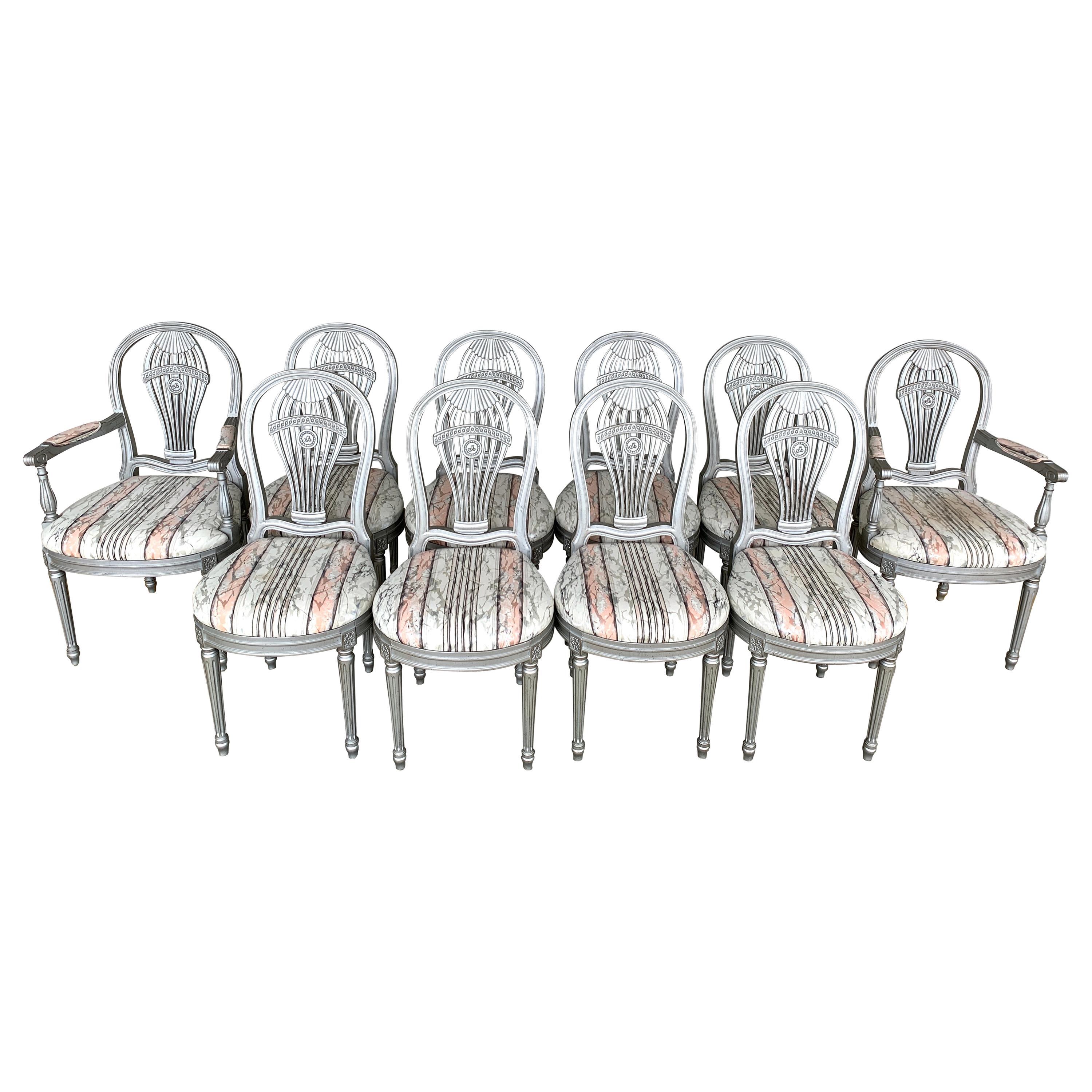 Ten Louis XVI Style Silver Leaf "Montgolfier" Hot Air Balloon Back Dining Chairs For Sale