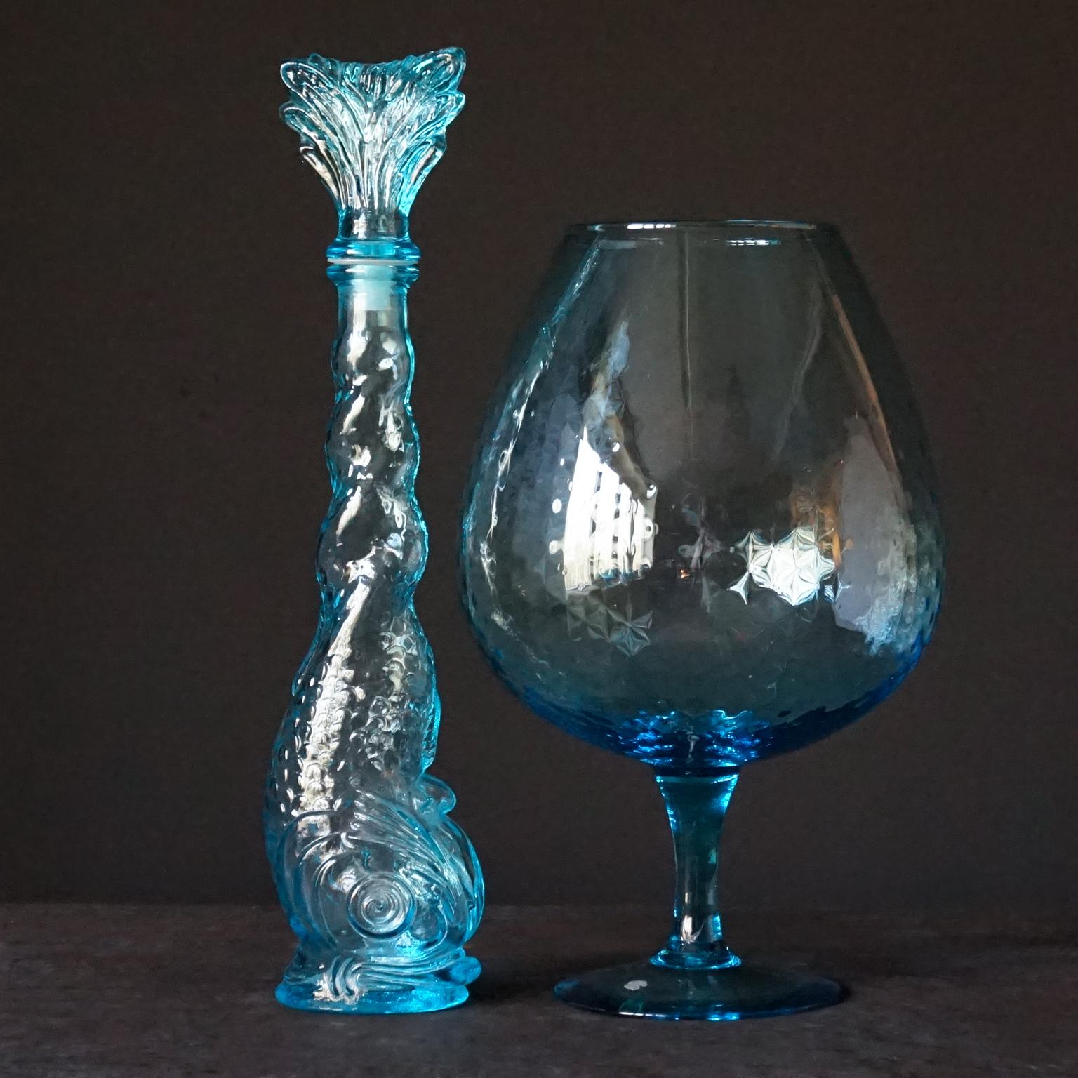 Glass Ten MCM 1960s Teal Blue Italian Empoli Genie Bottles, Vases and Apothecary Jars For Sale