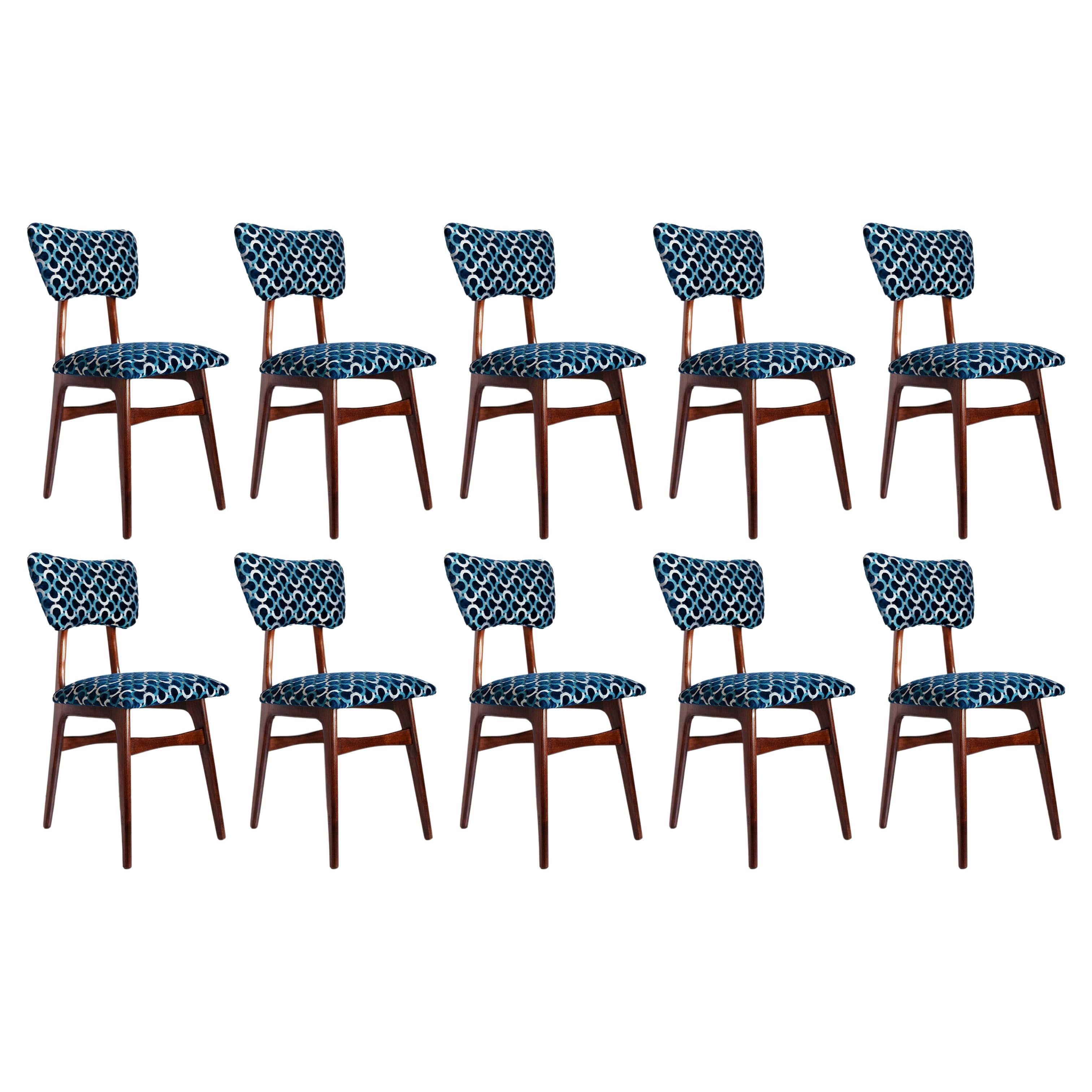 Dix chaises papillon du milieu du siècle, velours Scarabeo bleu, bois foncé, Europe, années 1960