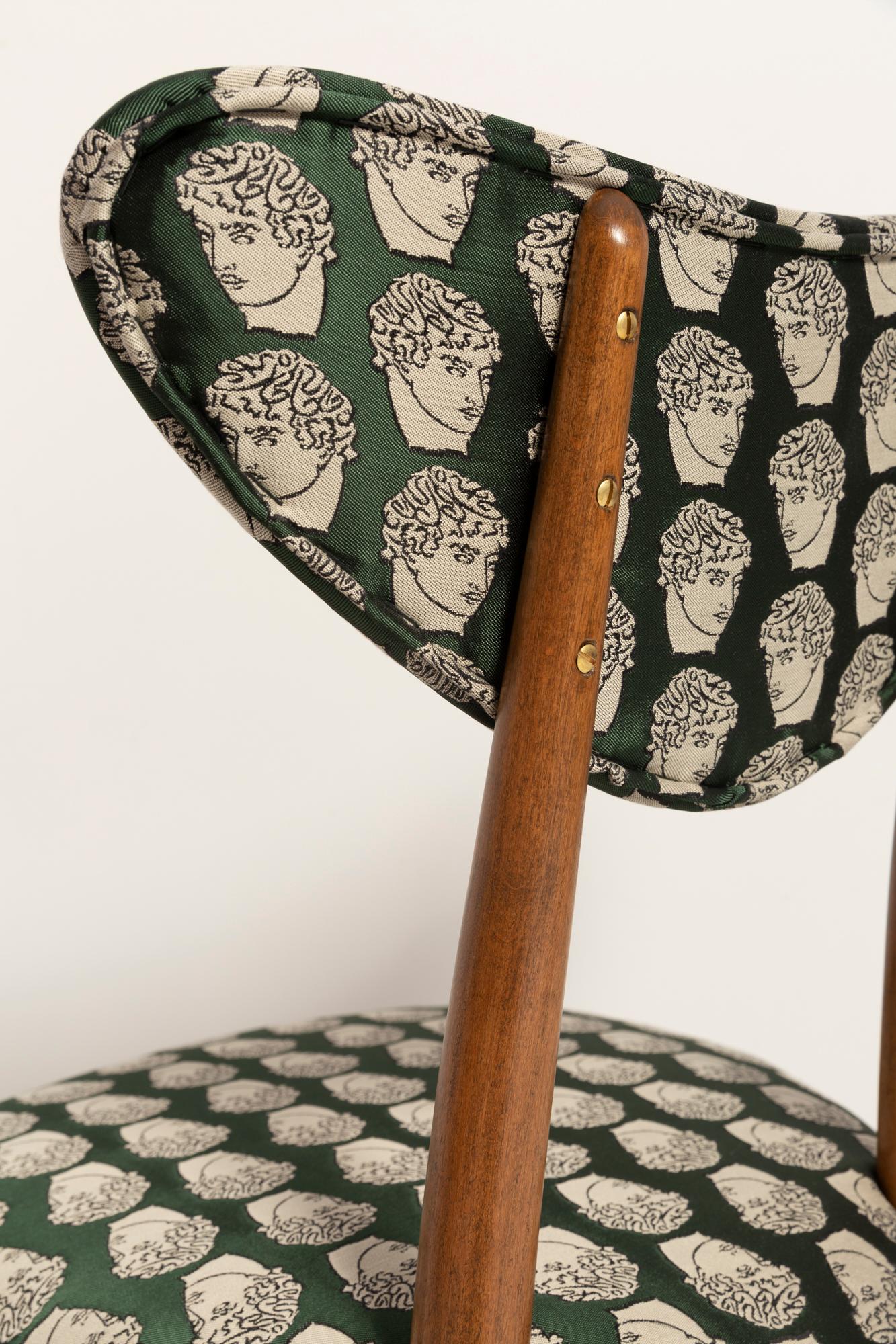 Ten Midcentury David Print Emerald Satin, Dark Wood Heart Chairs, Europe, 1960s For Sale 2