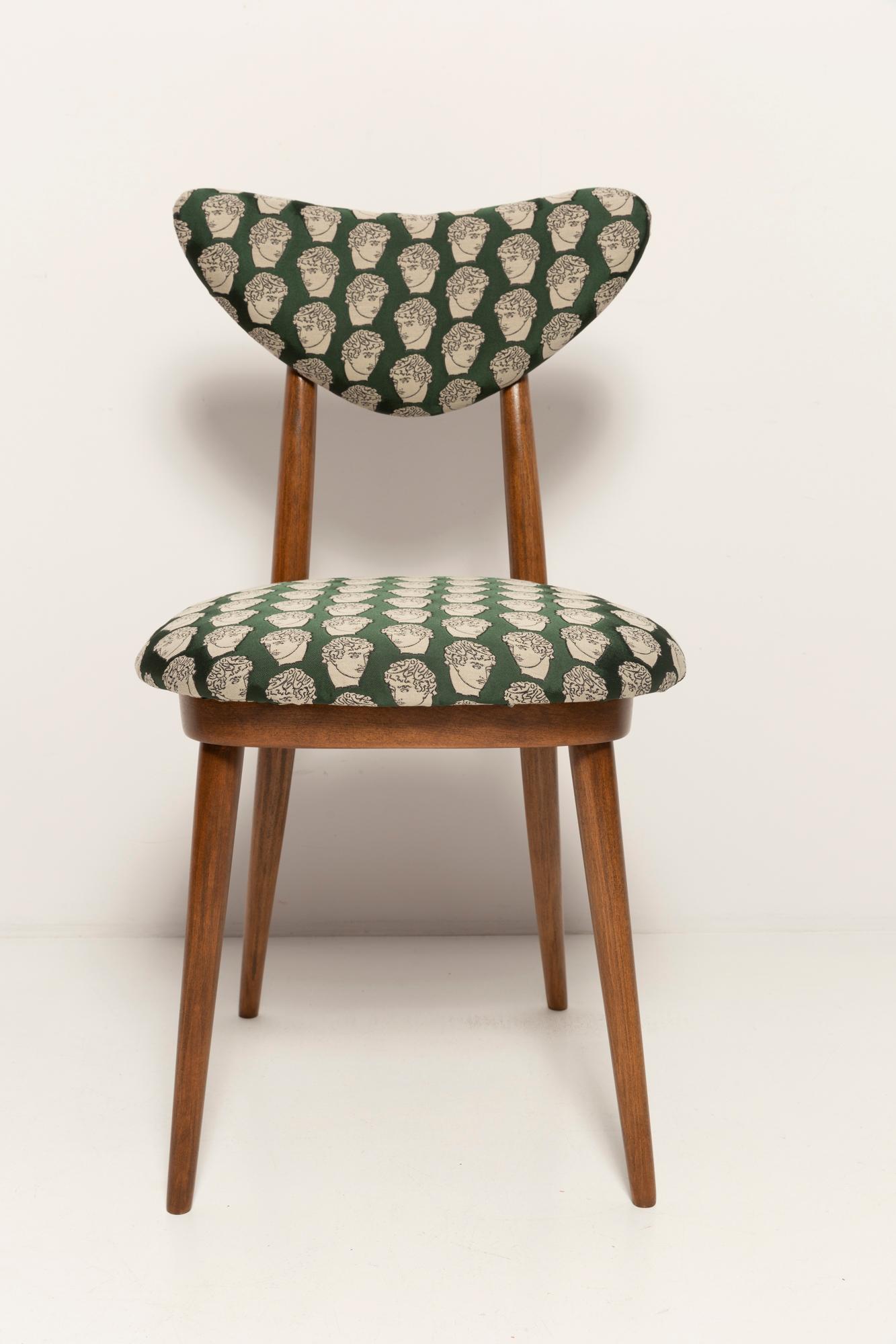 Ten Midcentury David Print Emerald Satin, Dark Wood Heart Chairs, Europe, 1960s For Sale 3