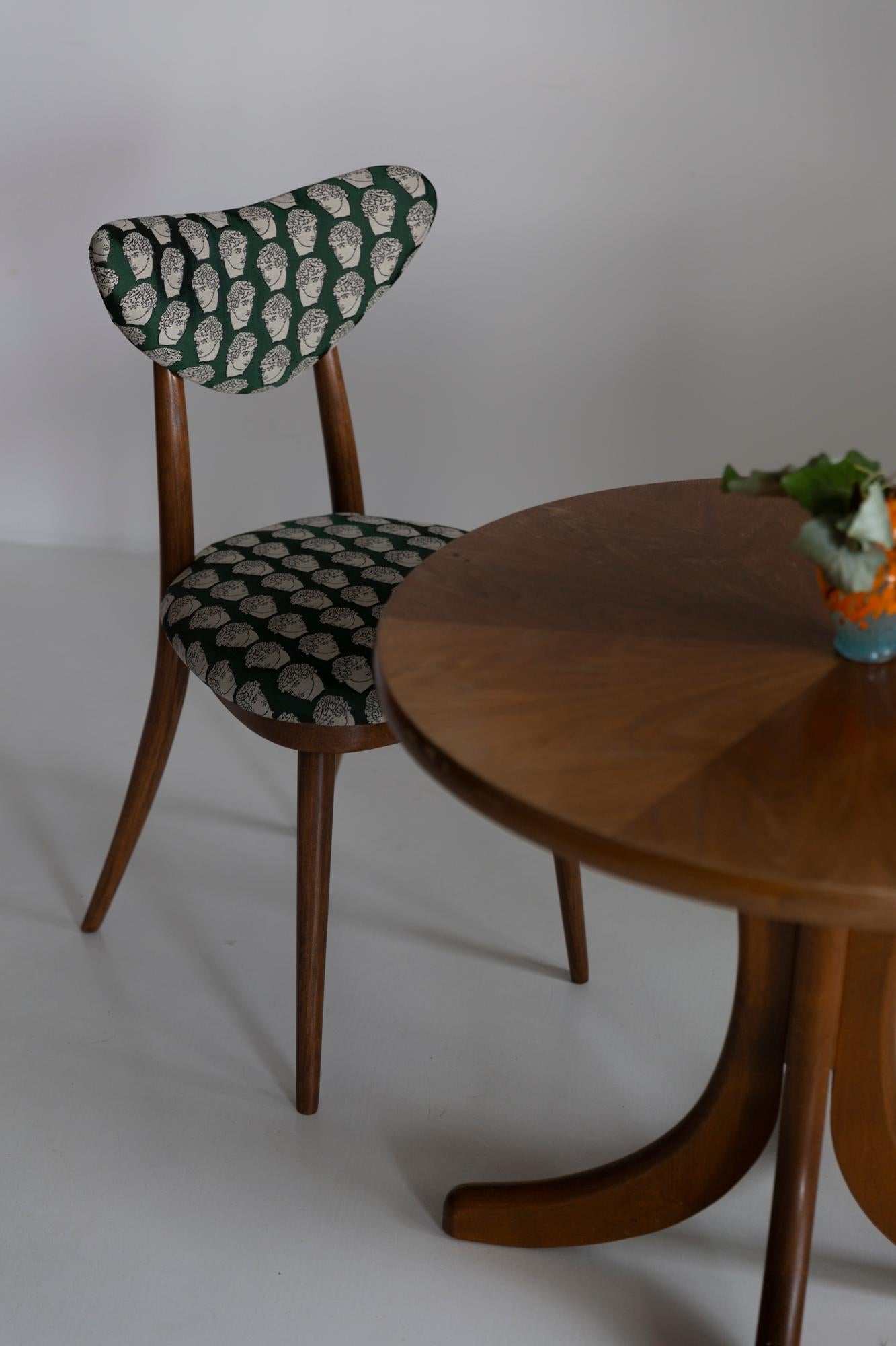 Ten Midcentury David Print Emerald Satin, Dark Wood Heart Chairs, Europe, 1960s In Excellent Condition For Sale In 05-080 Hornowek, PL