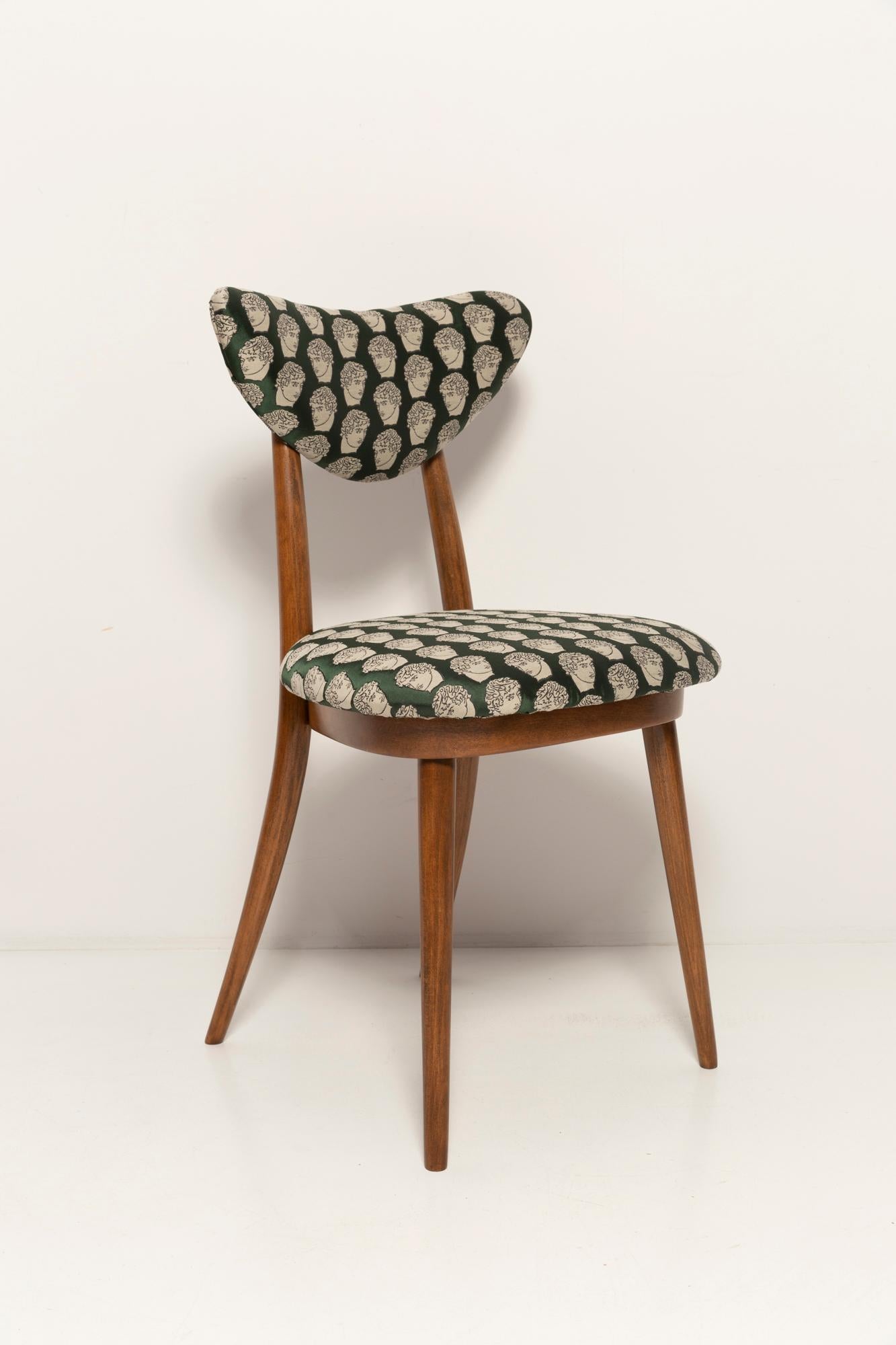 20th Century Ten Midcentury David Print Emerald Satin, Dark Wood Heart Chairs, Europe, 1960s For Sale